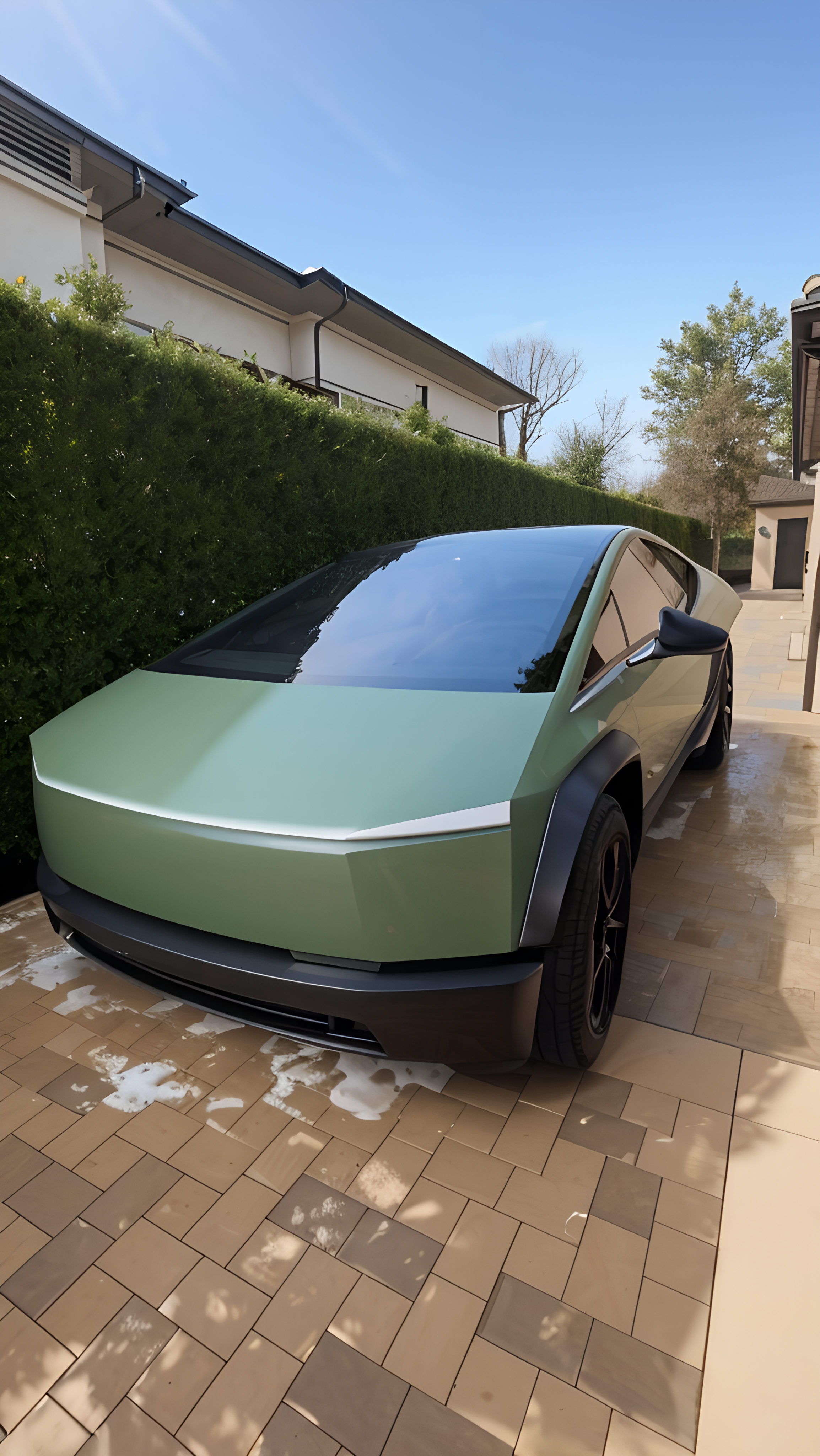 Tesla Cybertruck electric vehicle receiving mobile car detailing service showcasing specialized care for modern electric vehicles and stainless steel surface treatment