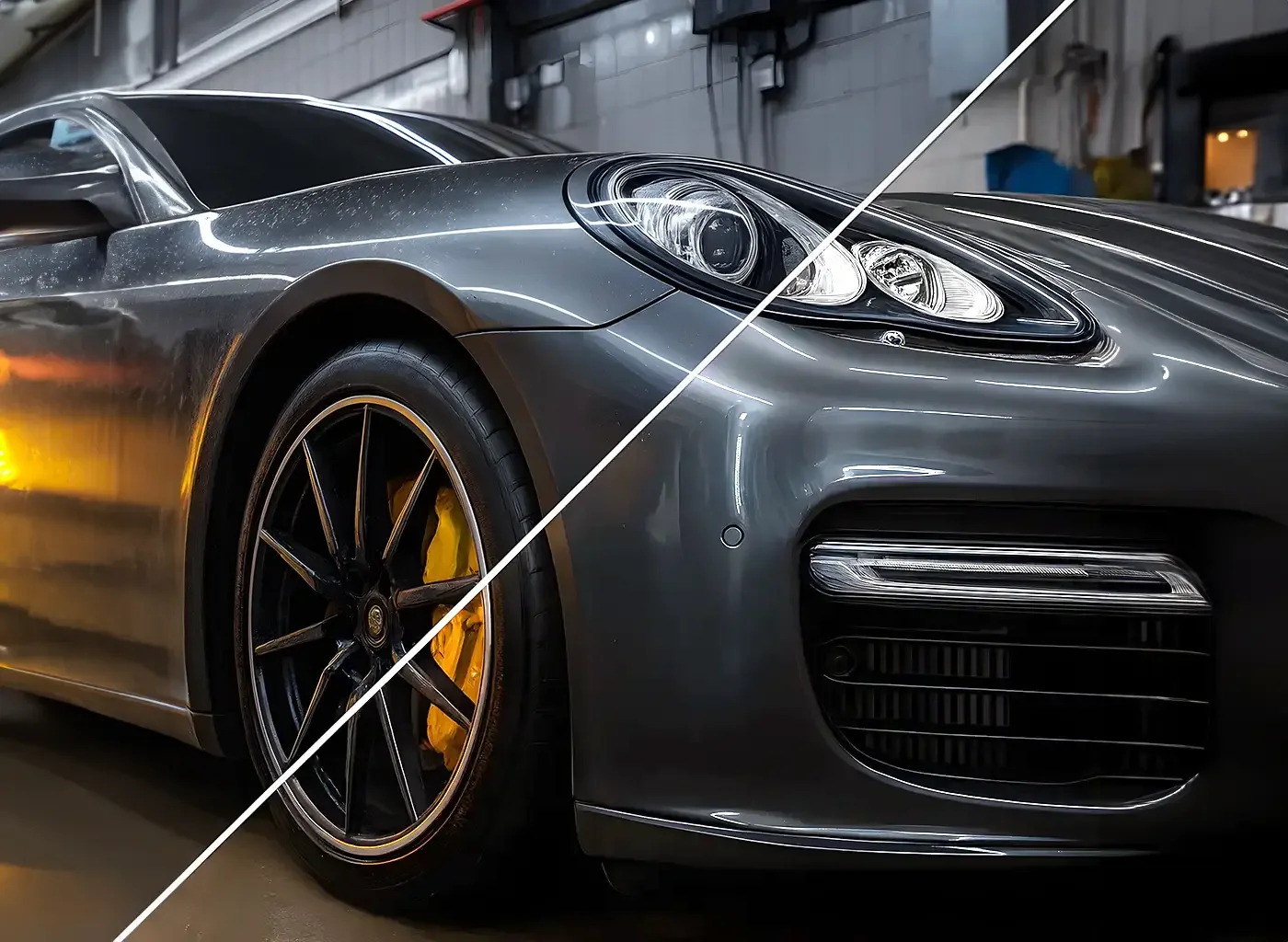 Platinum package car detailing – before and after paint correction and ceramic coating on luxury car, featuring multi-step swirl removal, 5-year ceramic protection, wheel coating, engine bay detailing, interior ceramic protection, and warranty covera