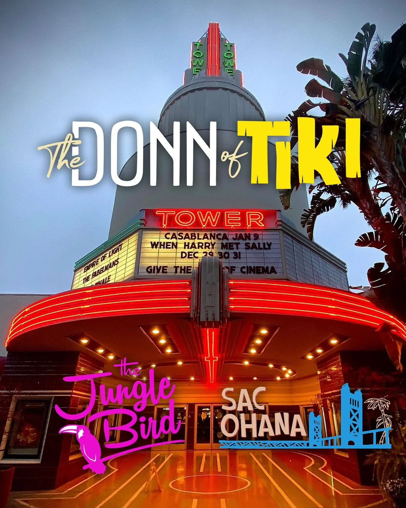 🌺 Sacramento, one night only! 🍹✨
Experience a special one-night screening of The Donn of Tiki 🎥 on Thursday, Sept 18 at the historic Tower Theatre.

🎟 Your tiki-filled night:
🍸 4PM &ndash; Cocktail specials and merch at The Jungle Bird
🎬 7PM &n