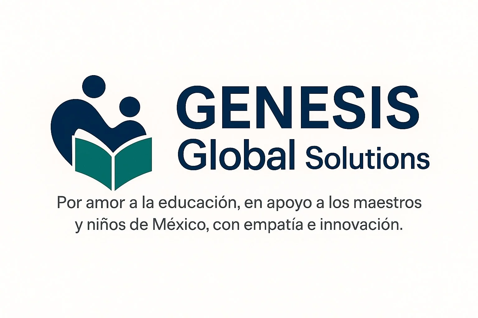 Logo de Genesis Global Solutions con texto en español que expresa su apoyo a la educación, maestros y niños en México con empatía e innovación.