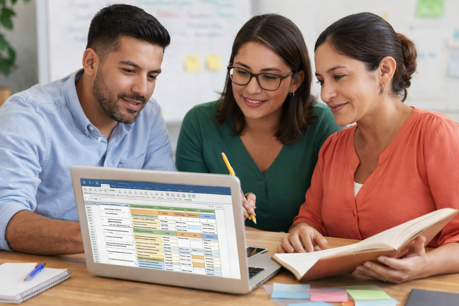 Tres personas trabajando juntas en una mesa con una laptop y documentos, en un ambiente de oficina.