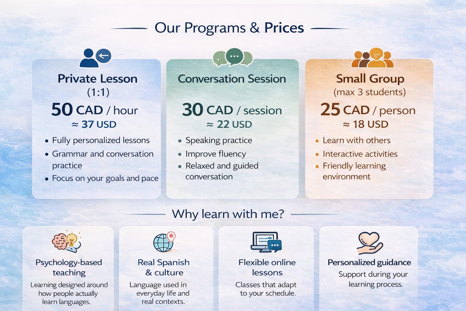 Spanish lessons prices and programs by Genesis Global Solutions, including private lessons, conversation sessions, and small gruoup classes ONLINE