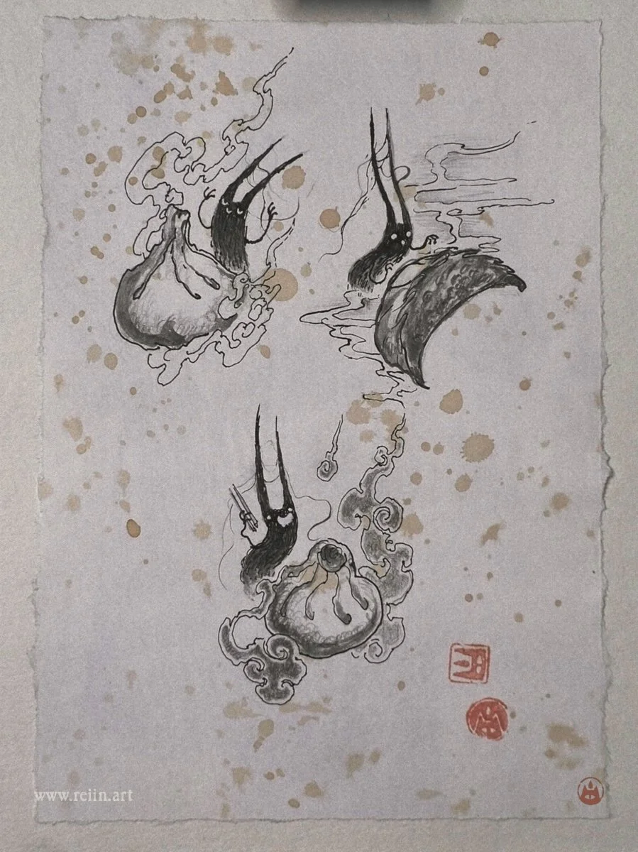 The dumplings:

“juicy khinkali” (top left) 5 x 8 cm 400€ Available     
“crunchy gyoza” (top right) 6 x 7,5 cm 400€ Available      
“dim sum of the gods” (bottom middle) 5 x 7,5 cm 450€ Available

