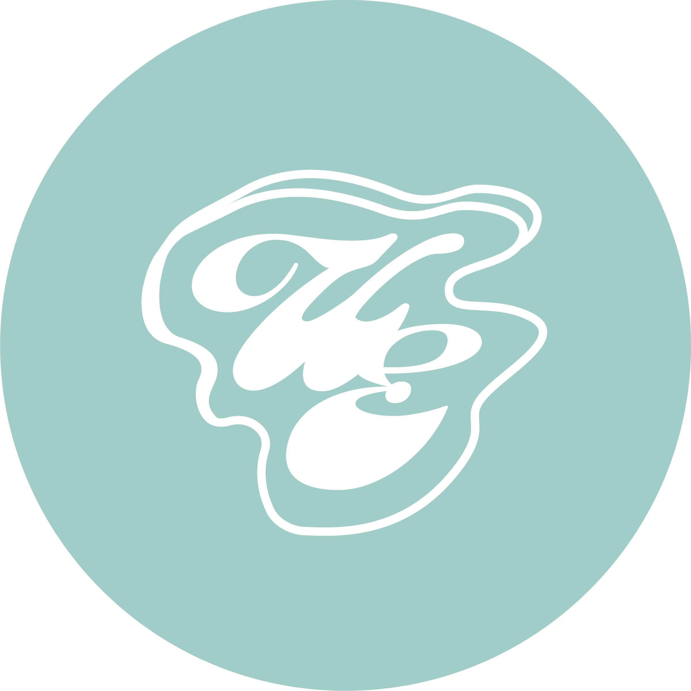 Light blue circle with white wavy logo in the center