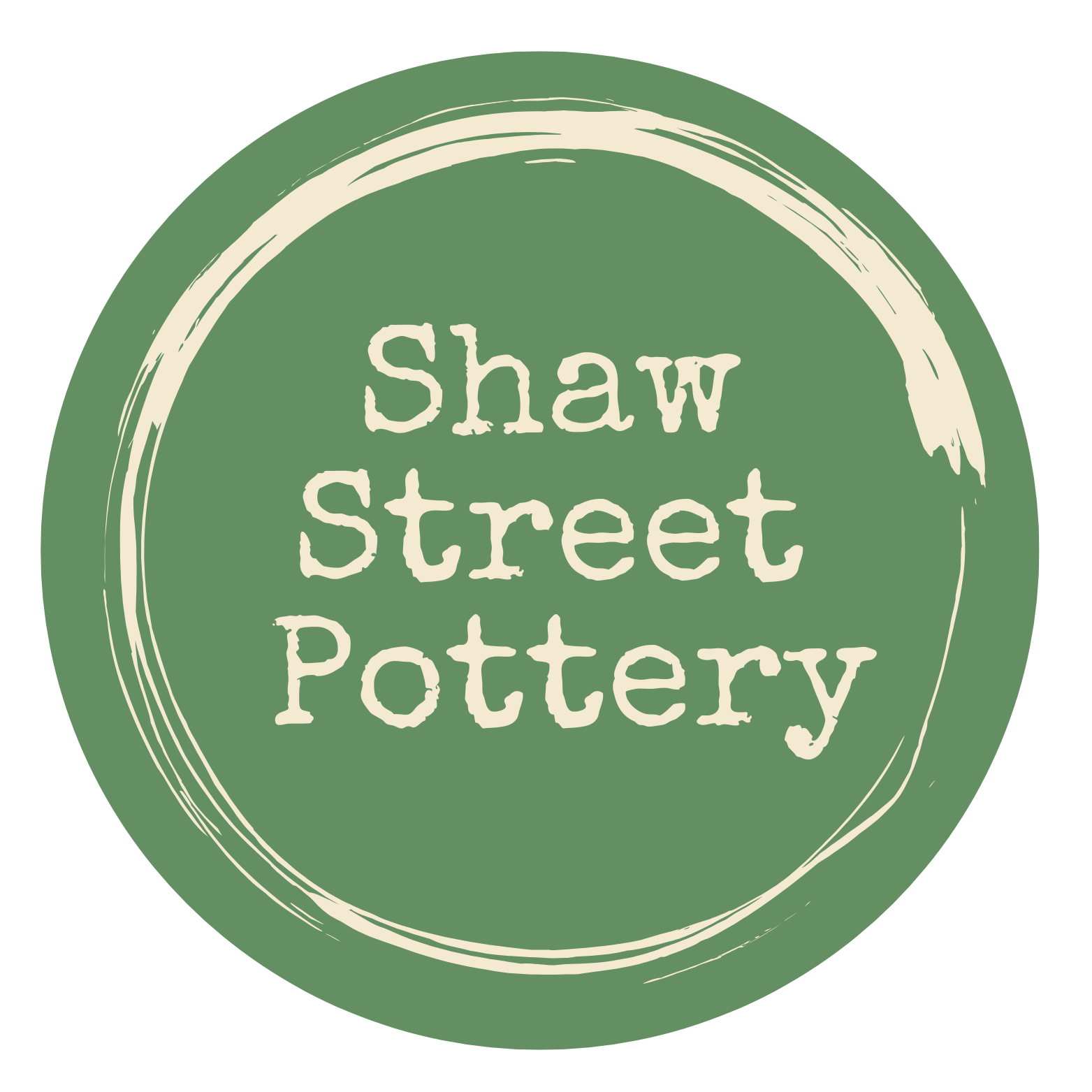 Green Circle with the words Shaw Street Pottery written inside in yellow-beige