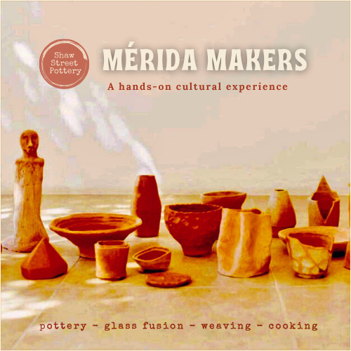 Merida Makers Retreat 2027 blush background with pieces of pottery
