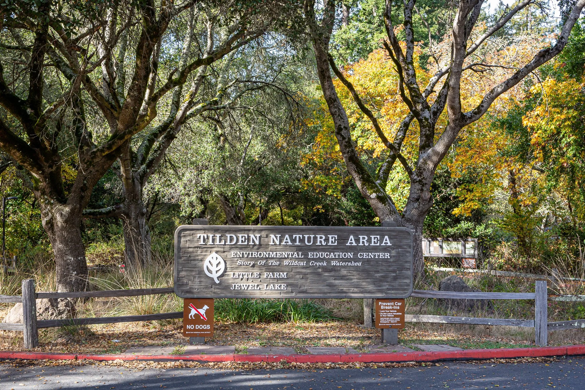 A park entrance sign for Tilden Nature Area, part of the Environmental Education Center, with trees in the background and a fence in front. There is a no dogs sign and a small informational sign on the fence.