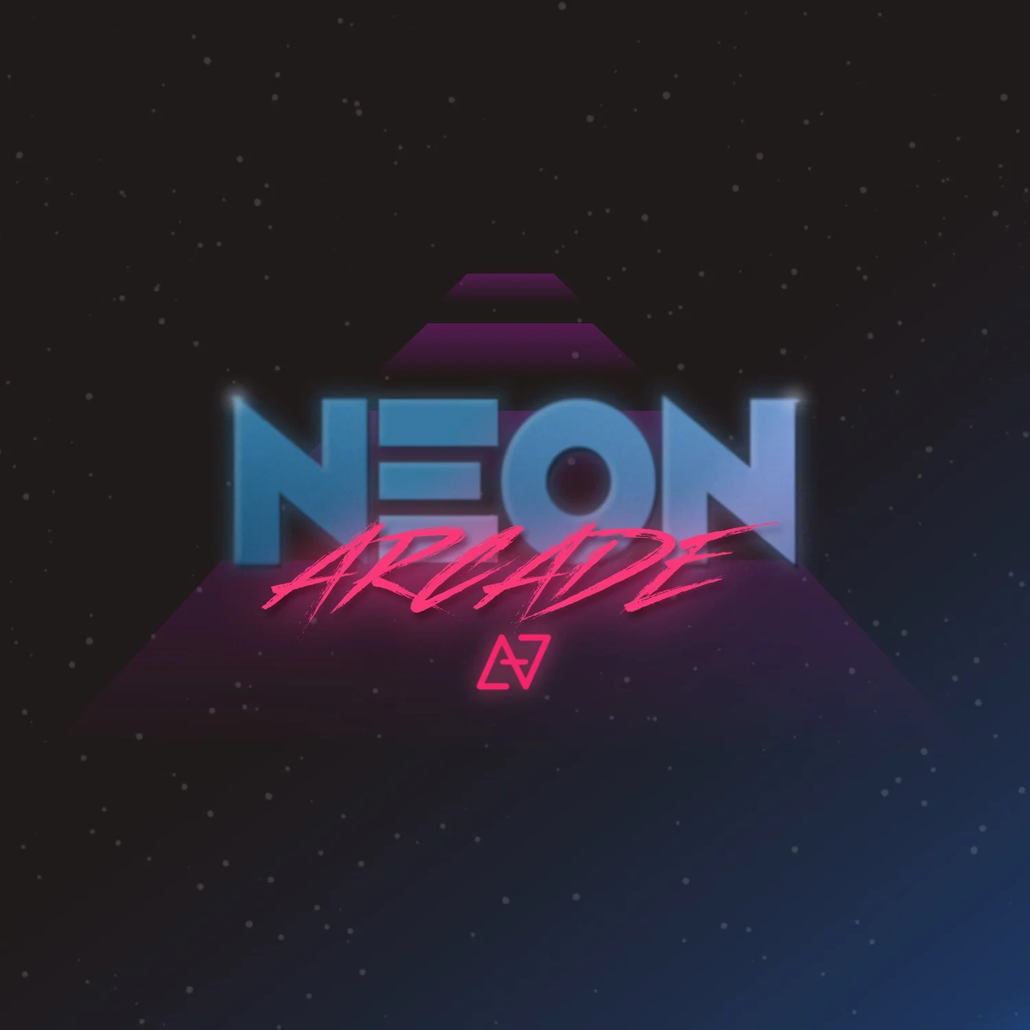 Retro neon-style graphic with the words 'NEON' and 'ARCADE,' featuring a pyramid shape and starry background.