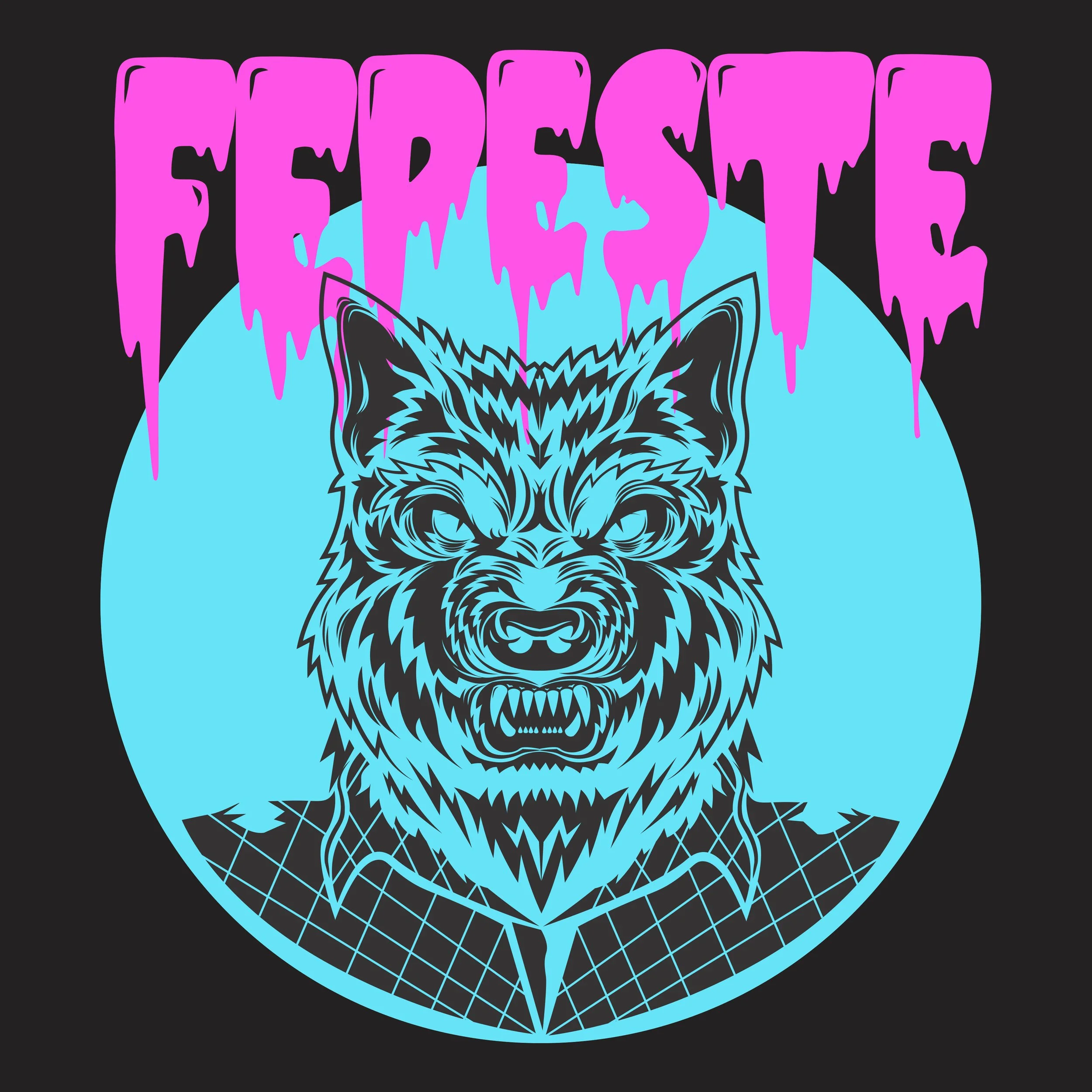 A graphic design of a fierce wolf's head in black and blue inside a blue circle with a grid pattern. Above it, the word "FIERCE" in large, pink, dripping letters.