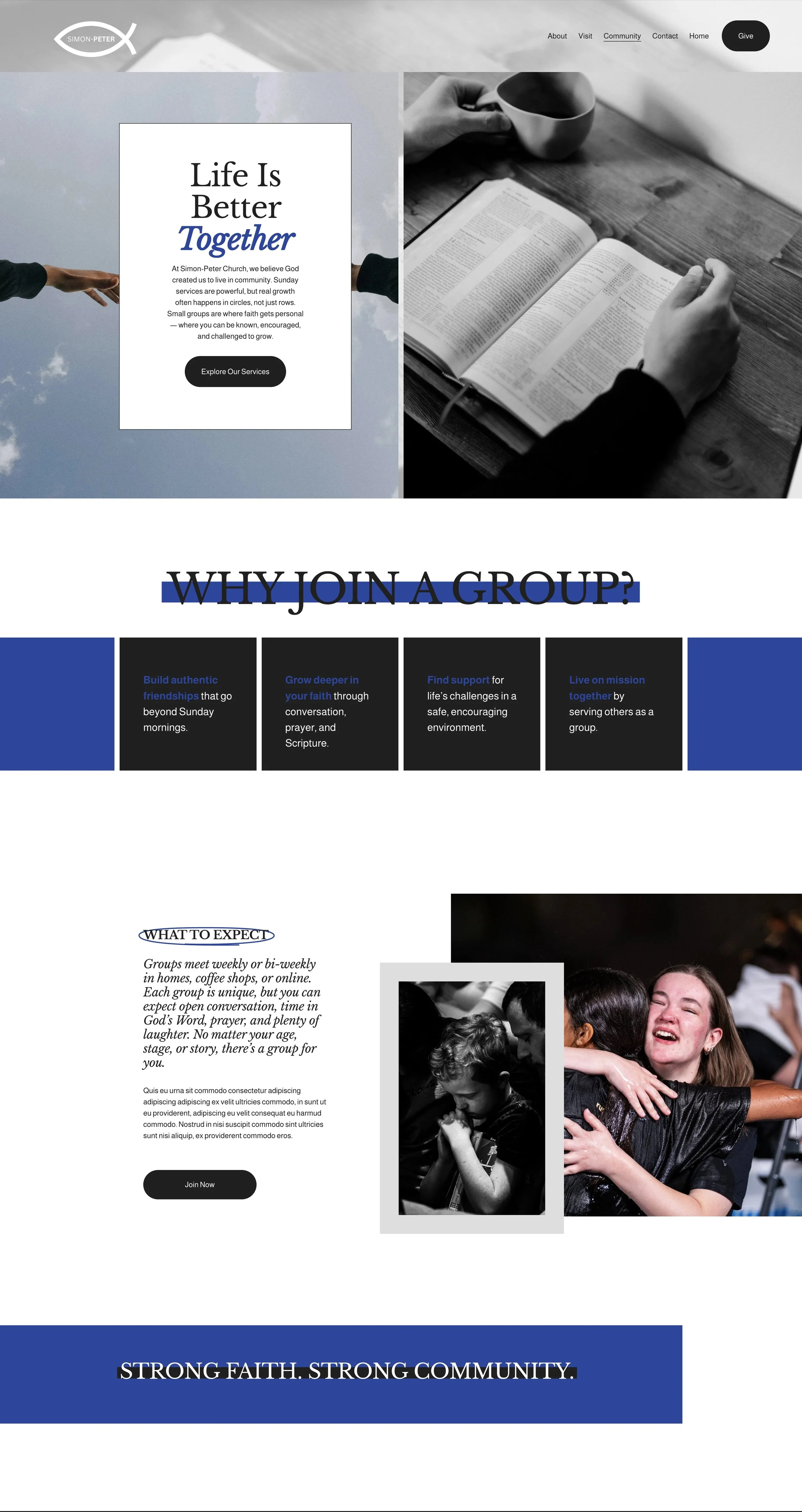 Website homepage for Simon Peter Church promoting community and faith activities, featuring images of people reading, praying, and hugging, with text about spiritual growth and joining the church group.
