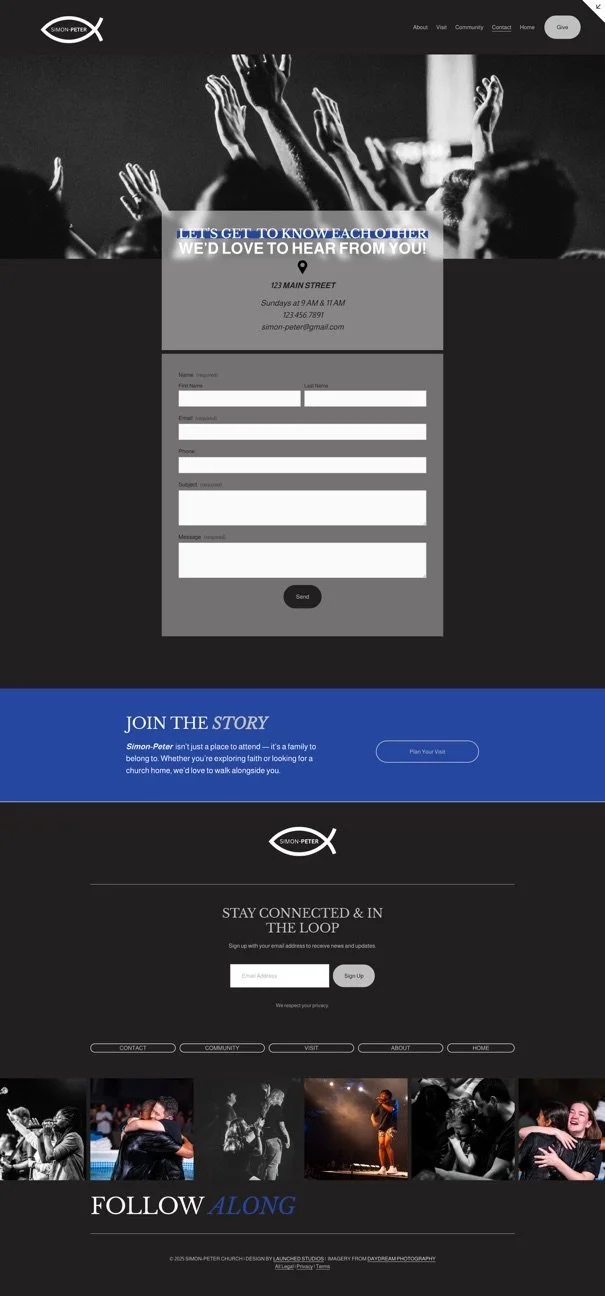 Website homepage for Simon-Peter Church, featuring a black and white image of raised hands at a church gathering, a form for contact, and sections for stories, staying connected, and social media links.