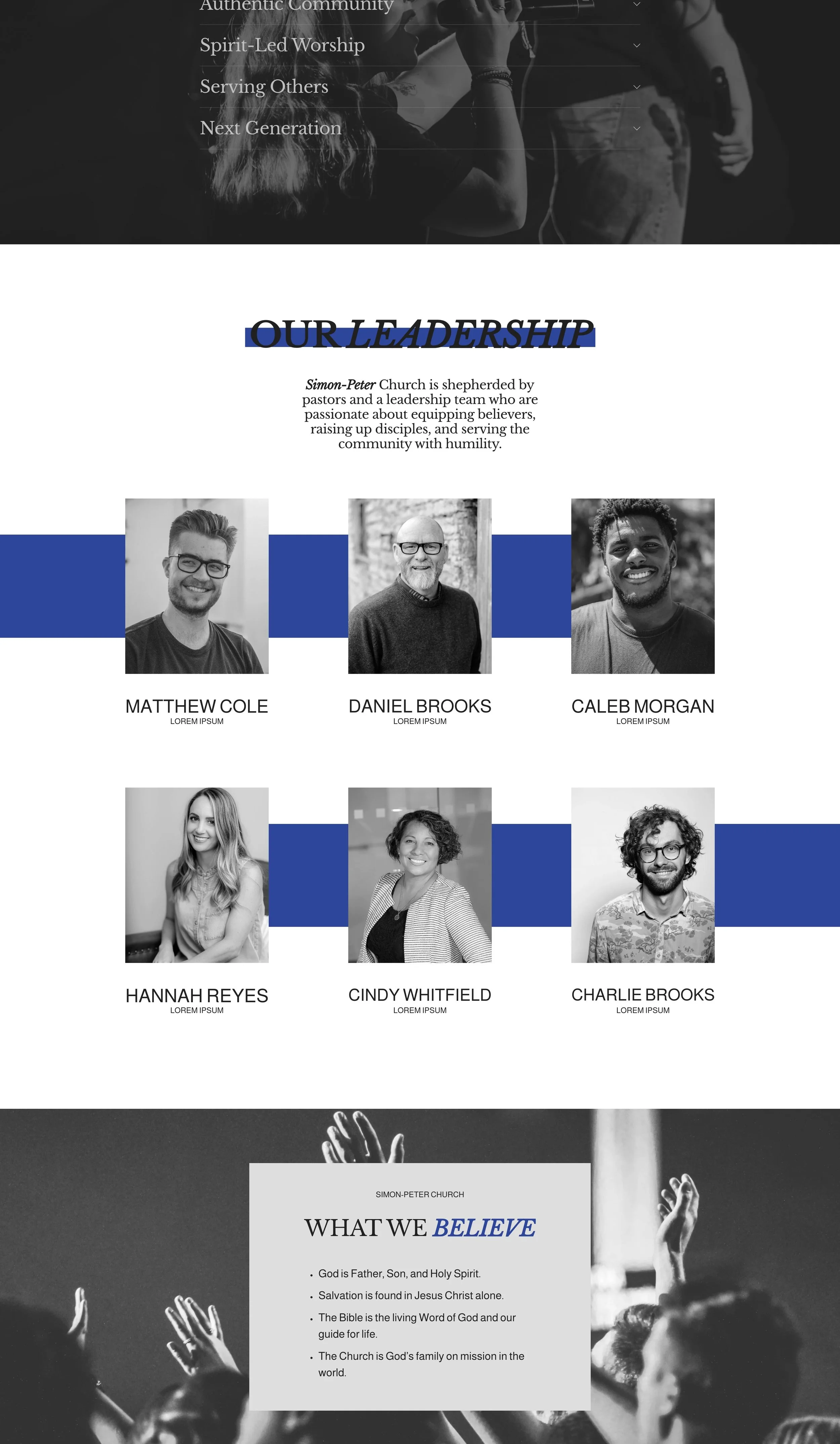A church leadership team introduction page featuring black-and-white headshots of six leaders with names: Matthew Cole, Daniel Brooks, Caleb Morgan, Hannah Reyes, Cindy Whitfield, and Charlie Brooks, alongside their titles and a section about the church's beliefs.