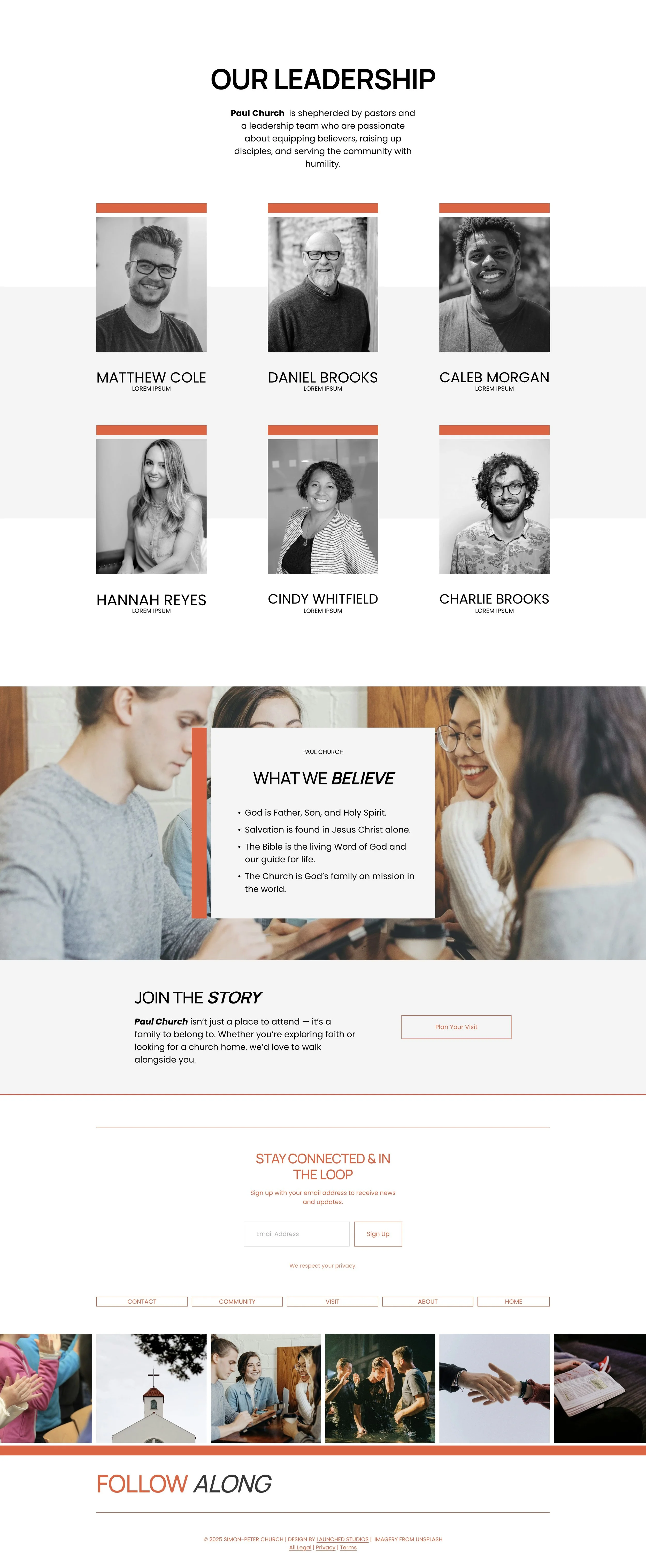 A church's mission statement, values, leadership team, and images of people in church activities in black and white.