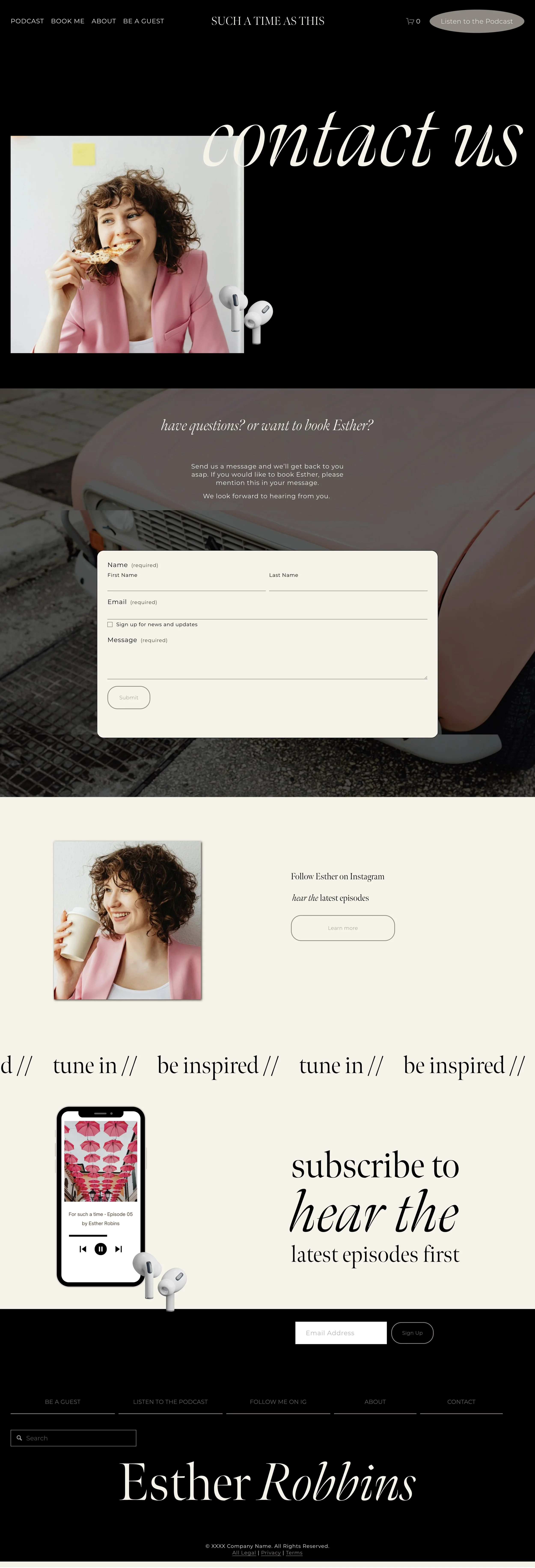 A woman with curly hair in a pink blazer smiling while eating pizza, with podcast and contact elements on the webpage.