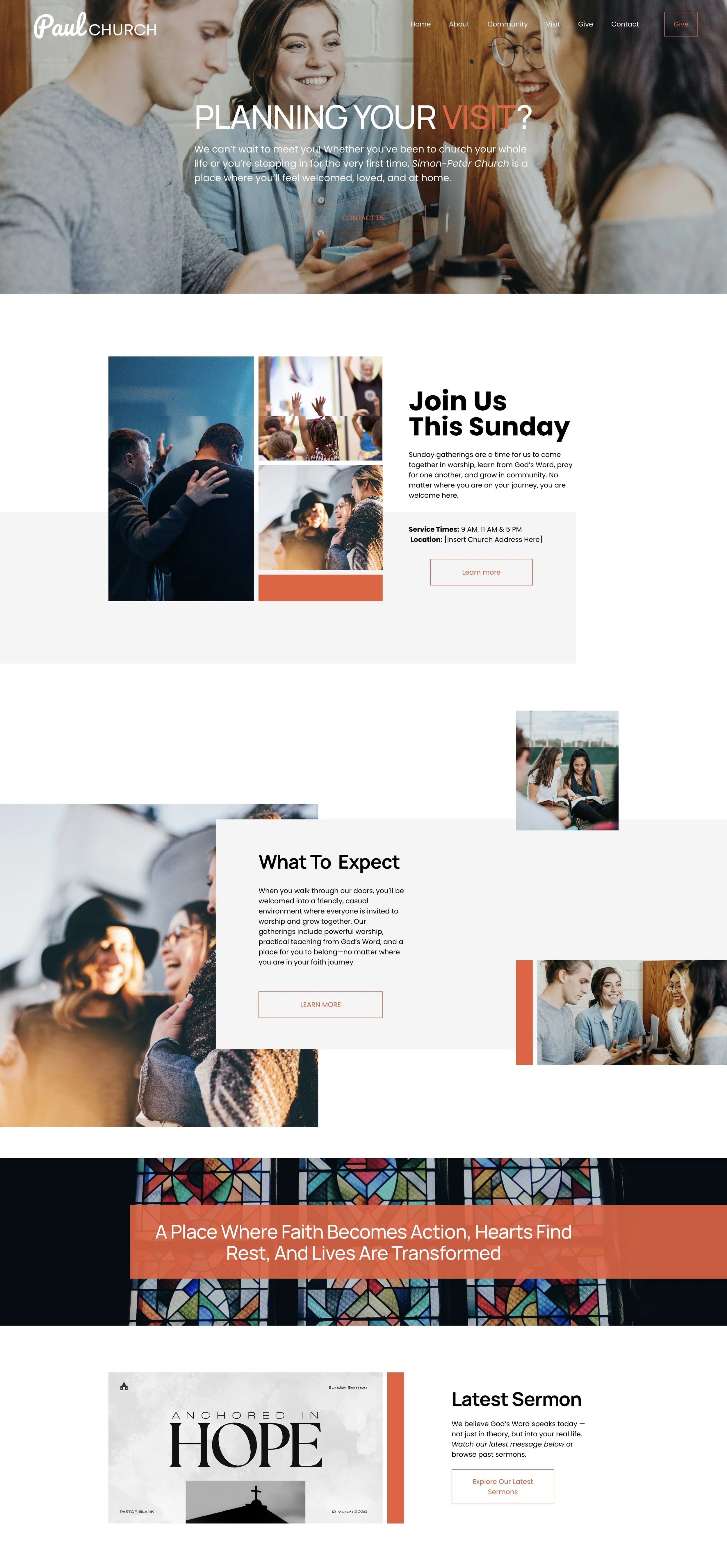 Website homepage for Simon-Peter Church featuring a header with raised hands, a main headline inviting planning a visit, and images of people engaging in church activities like worship, singing, praying, and being greeted.