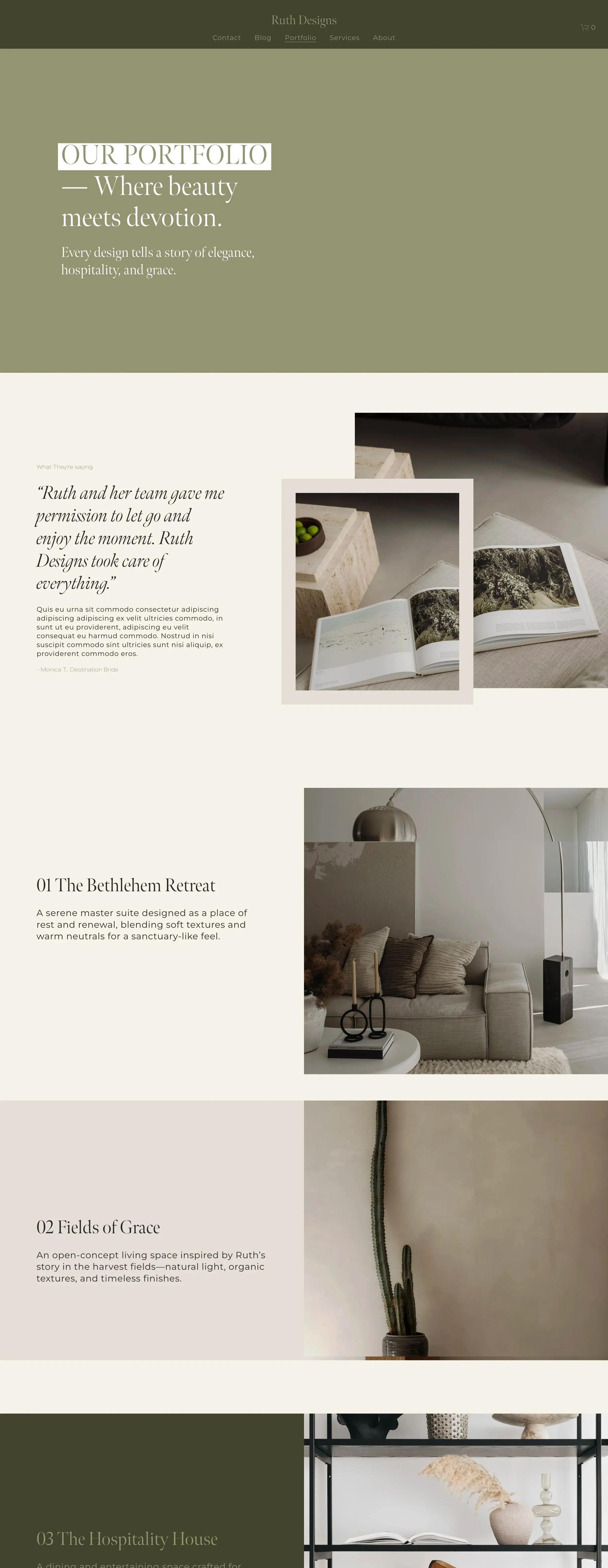 A webpage titled 'Our Portfolio' featuring images of modern interior design spaces, including a seating area with a sofa, a tall cactus plant, and decorative shelves with vases and books, all in neutral tones.