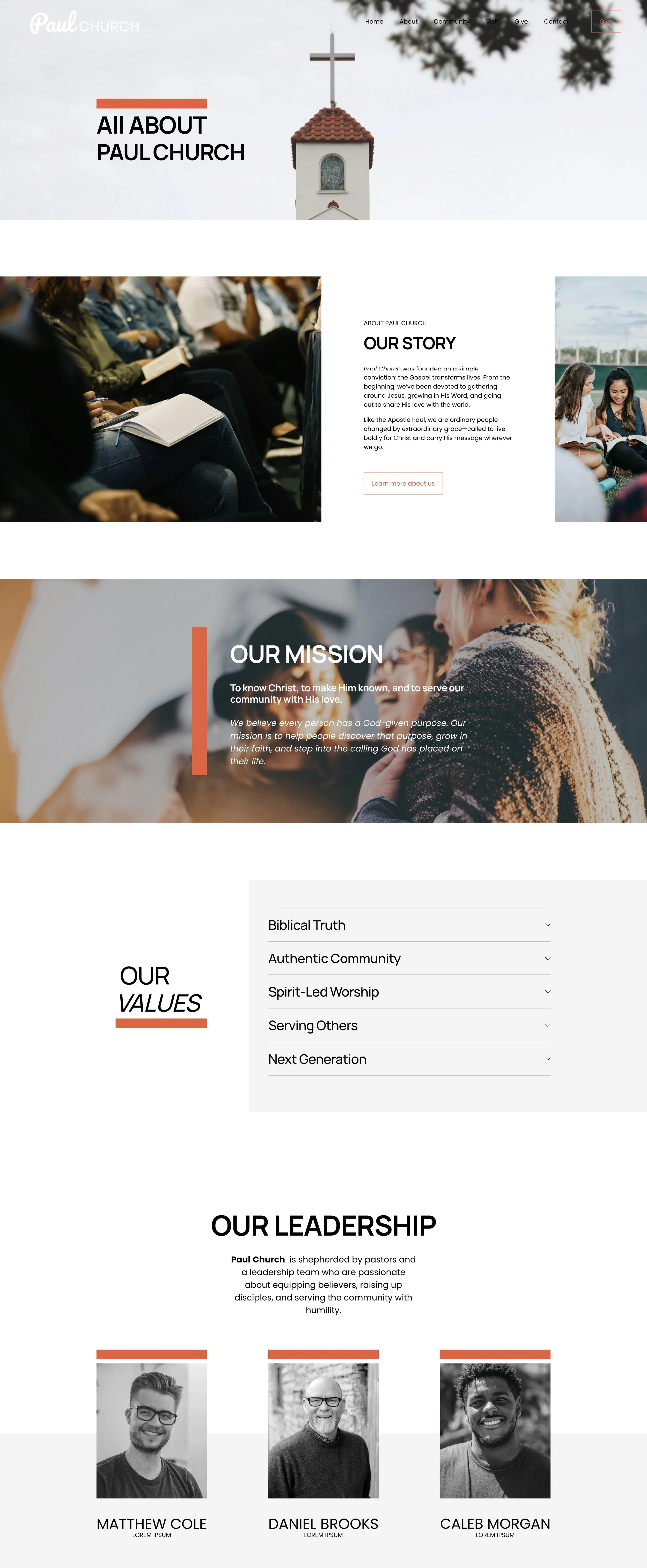 Website homepage for Simon-Peter Church featuring images of people singing and speaking at church, with sections about the church's story and mission, using a black, white, and blue color scheme.