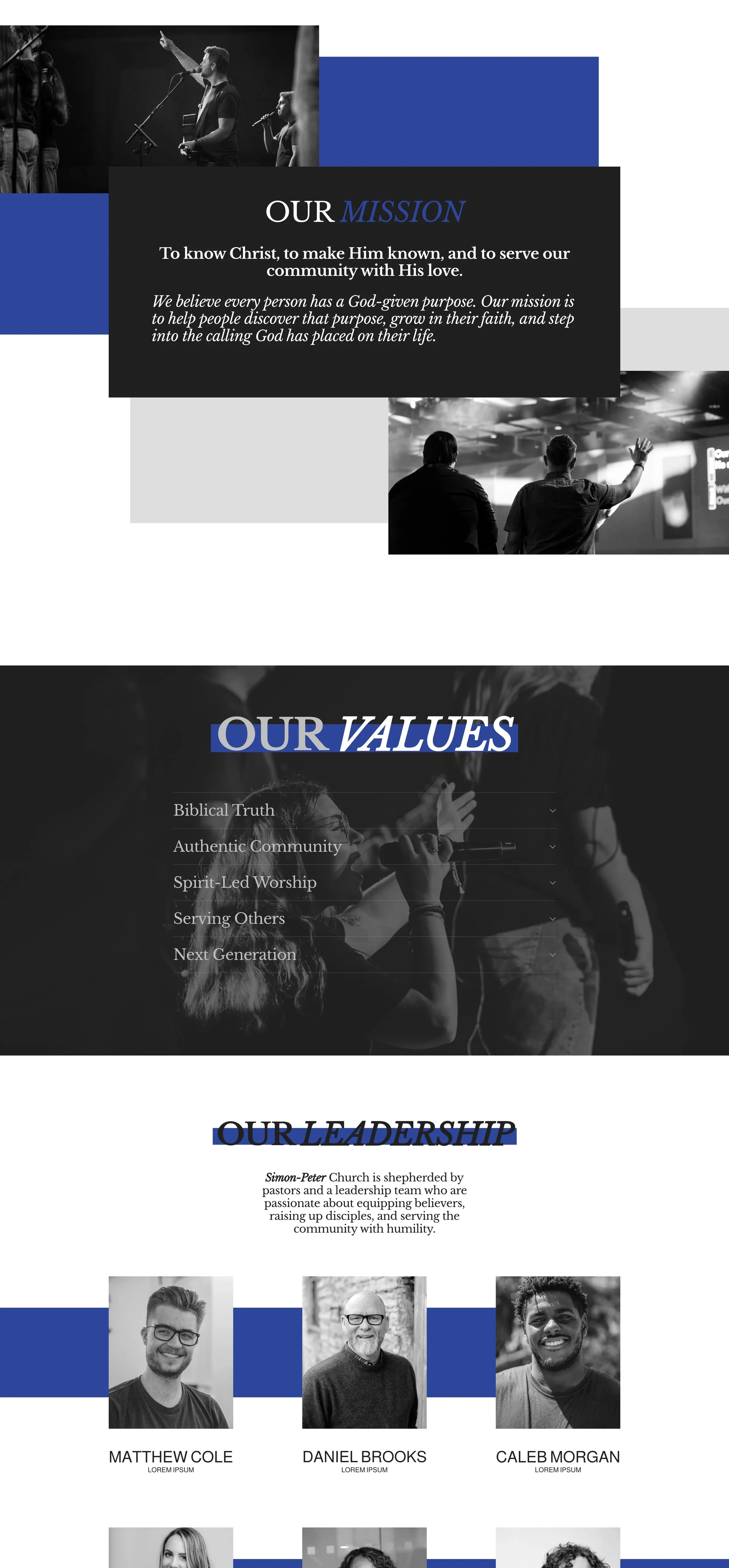 A church's mission statement, values, leadership team, and images of people in church activities in black and white.