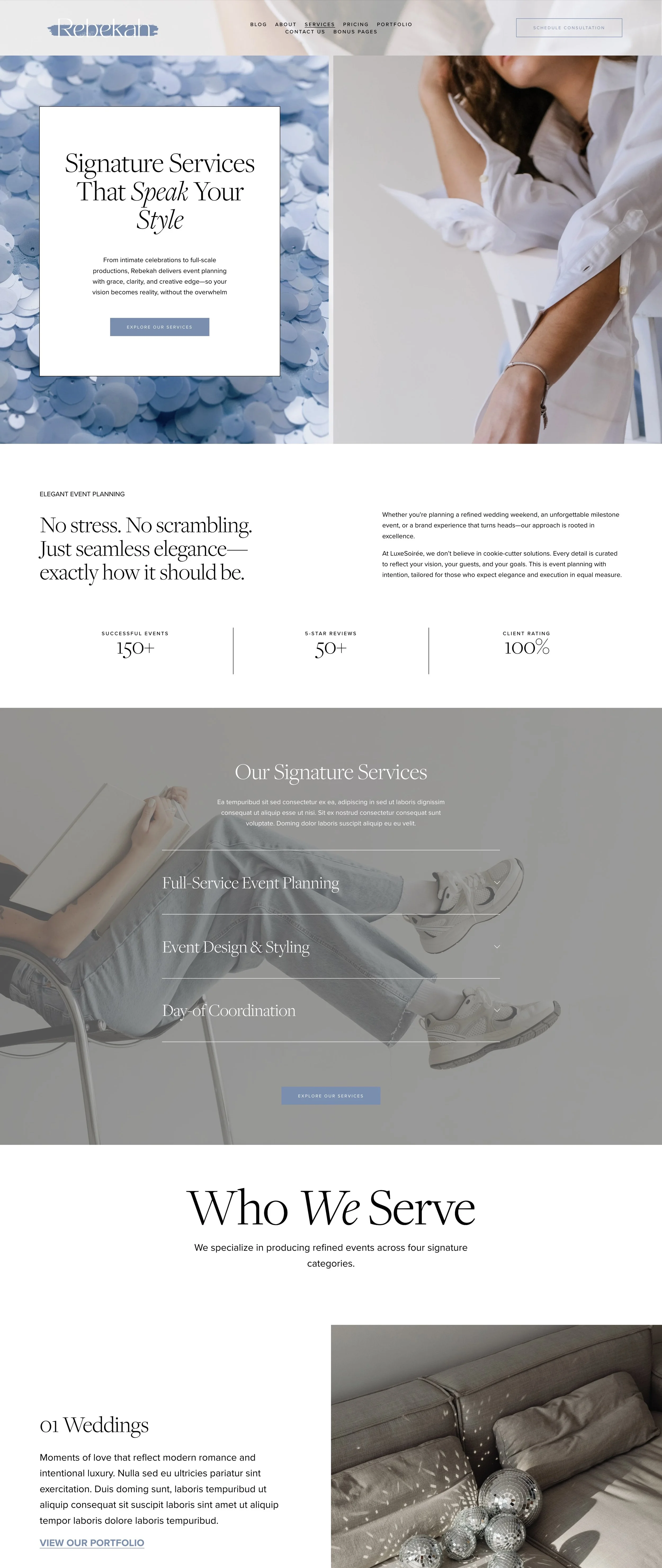 Website homepage for Rebekah event planning services, featuring a large header with the company name, a woman in a white shirt, sections describing signature event services, client reviews, and categories of events served, including weddings.