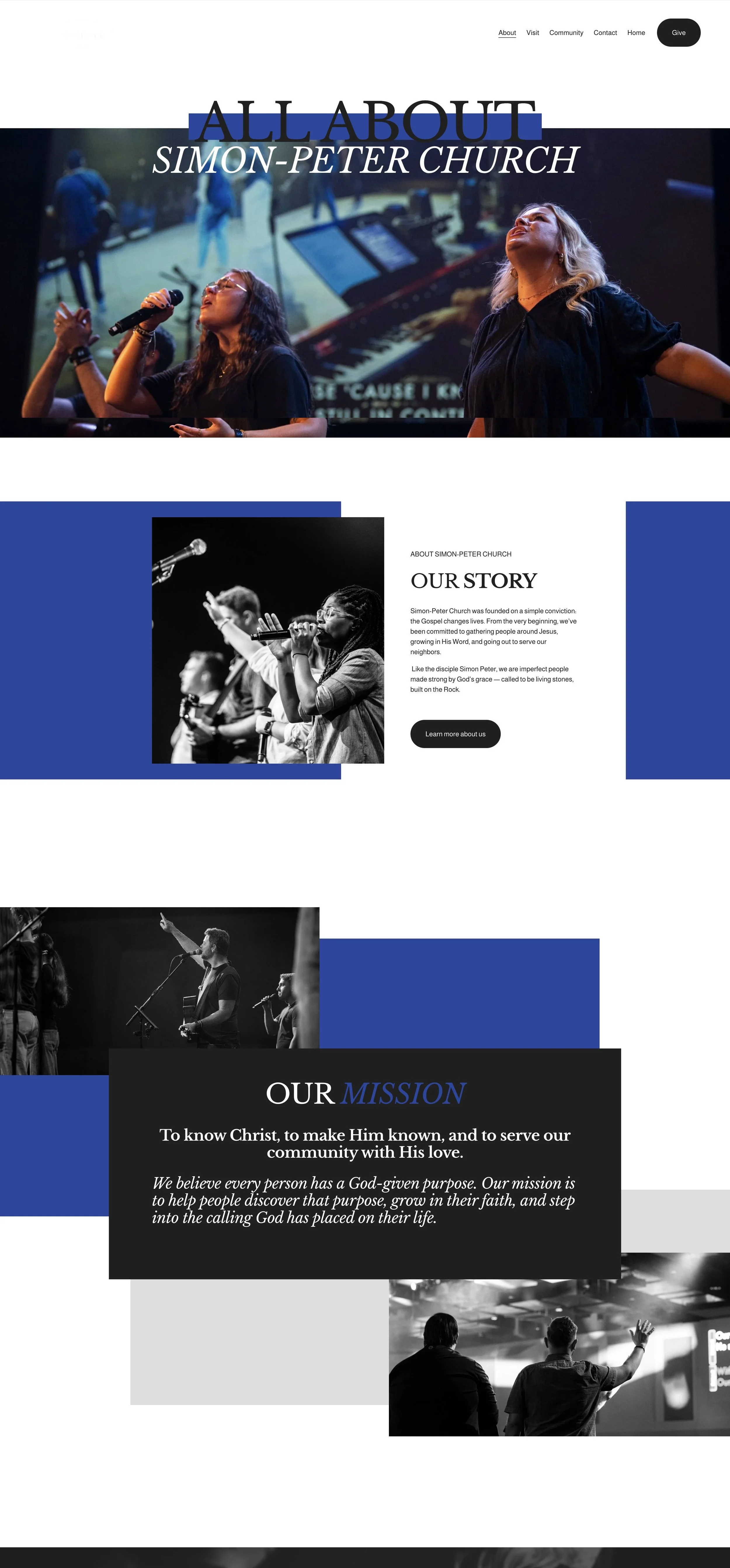 Website homepage for Simon-Peter Church featuring images of people singing and speaking at church, with sections about the church's story and mission, using a black, white, and blue color scheme.