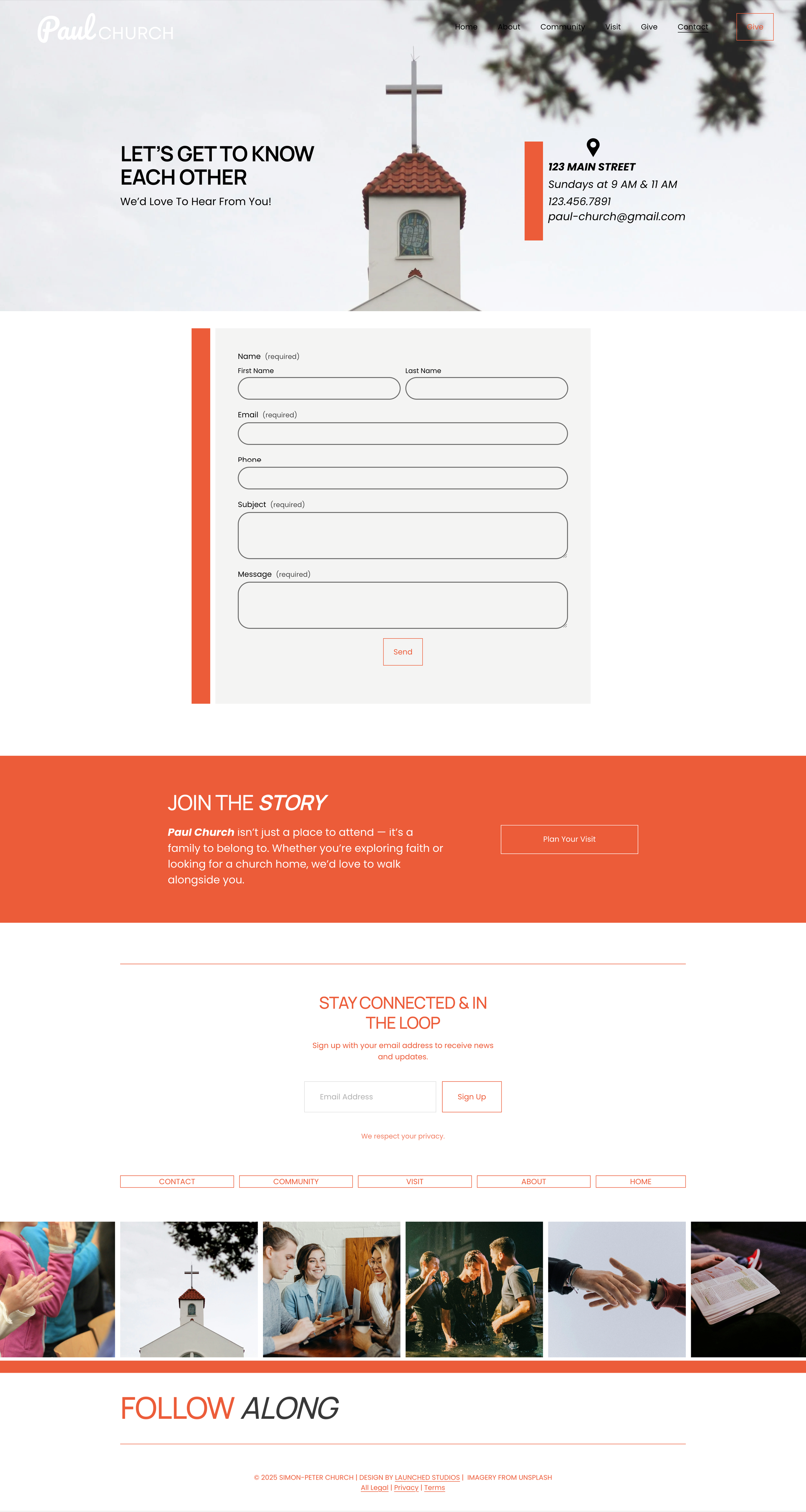 Website homepage for Simon-Peter Church, featuring a black and white image of raised hands at a church gathering, a form for contact, and sections for stories, staying connected, and social media links.