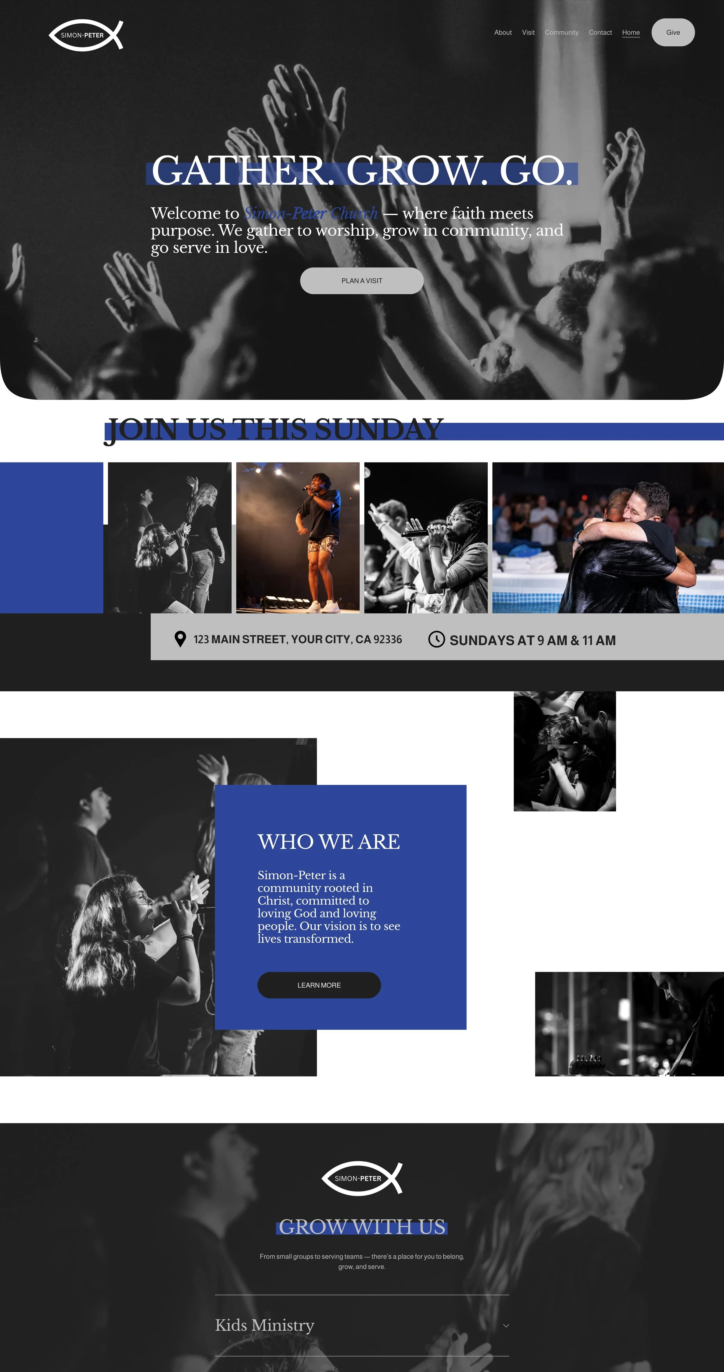 The homepage of the Simon-Peter Church website.  Bring your church community online with the Simon-Peter Squarespace template. Designed for churches and faith-based organizations, this bold and modern website template makes it easy to share sermons,