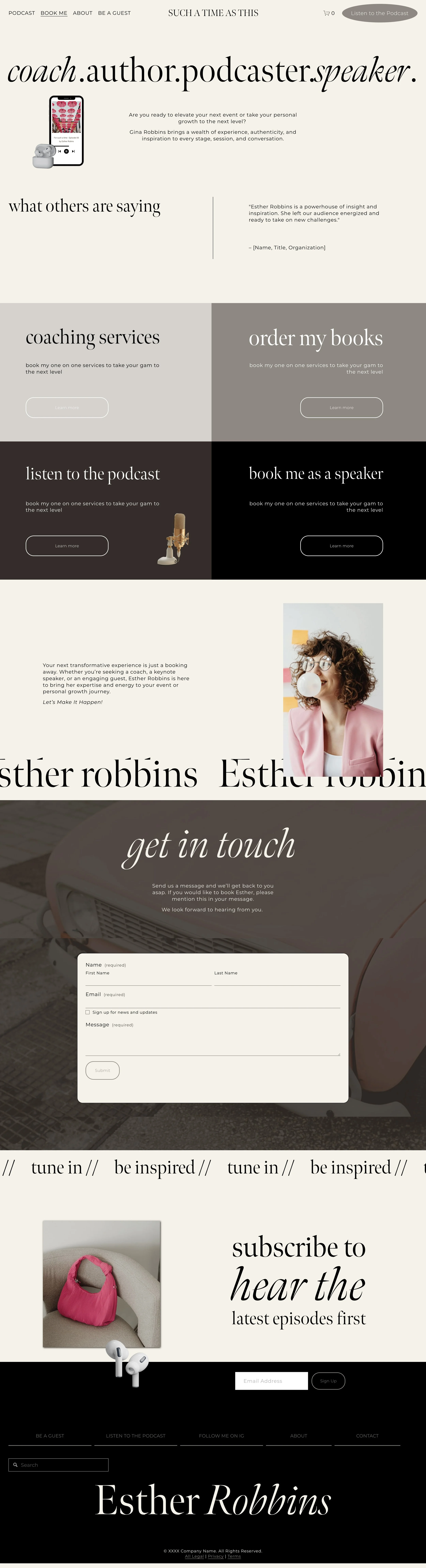 A website homepage for a coach, author, podcaster, and speaker named Esther Robbins. The page features sections on coaching services, book ordering, podcast listening, speaking engagement booking, and contact information. It also includes images of a microphone, headphones, a woman with curly hair drinking coffee, and a pink handbag.