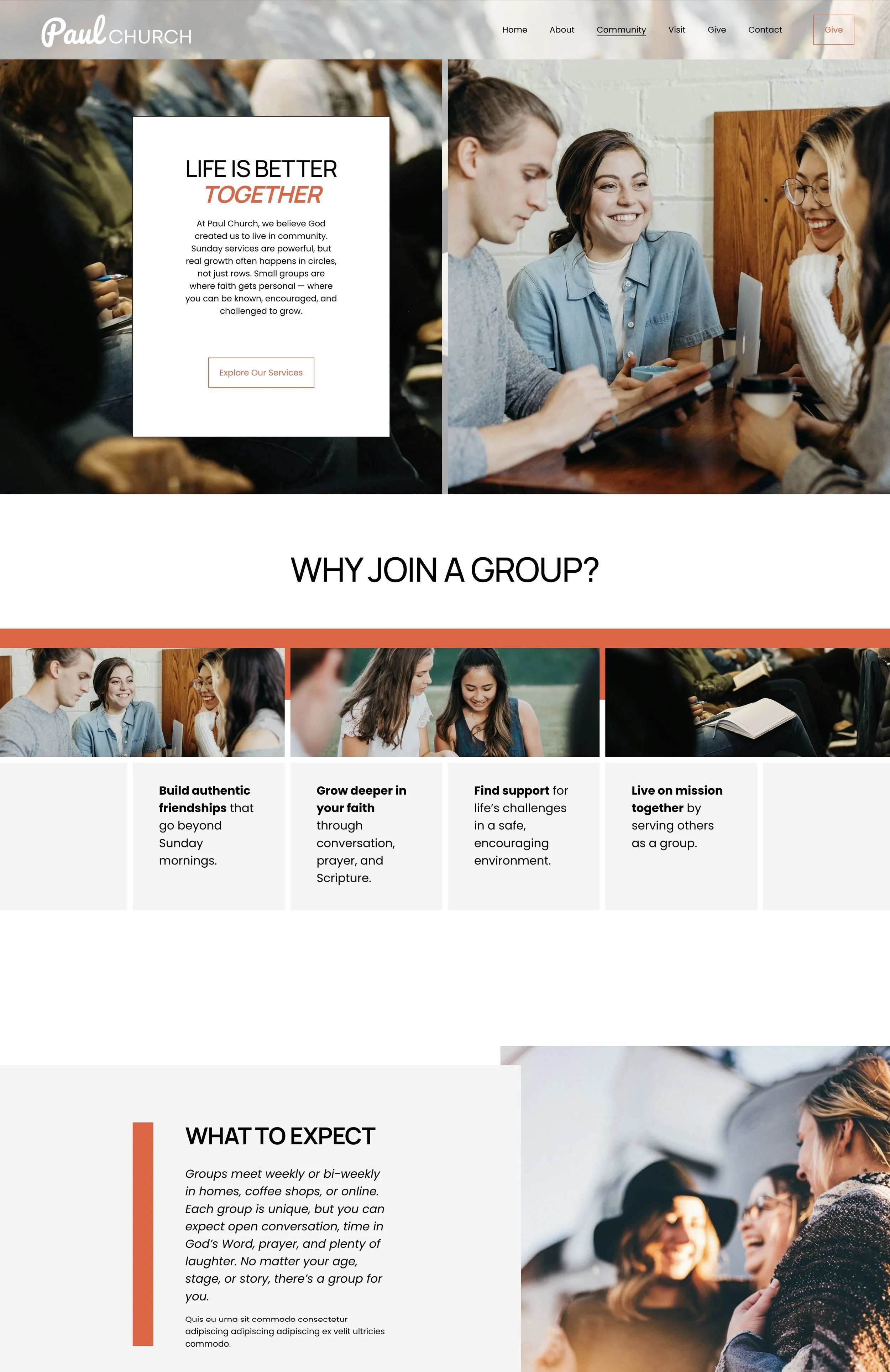 Website homepage for Simon Peter Church promoting community and faith activities, featuring images of people reading, praying, and hugging, with text about spiritual growth and joining the church group.