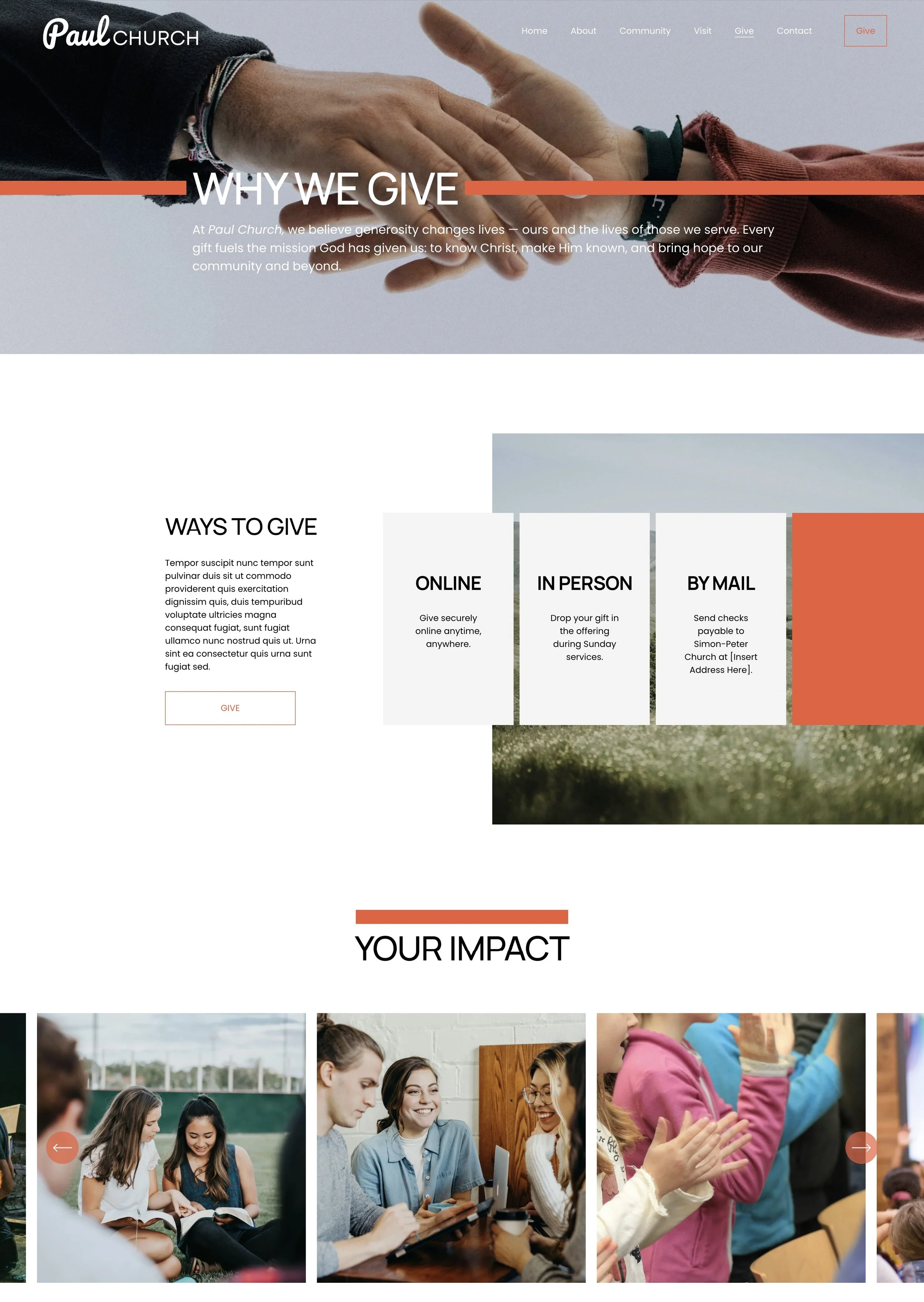 A webpage about donation and community impact with a beach photograph at the top, sections for online, in person, and mail giving options, black and white photos of people hugging and singing, a biblical quote about love and good deeds, and a footer with contact and social links.