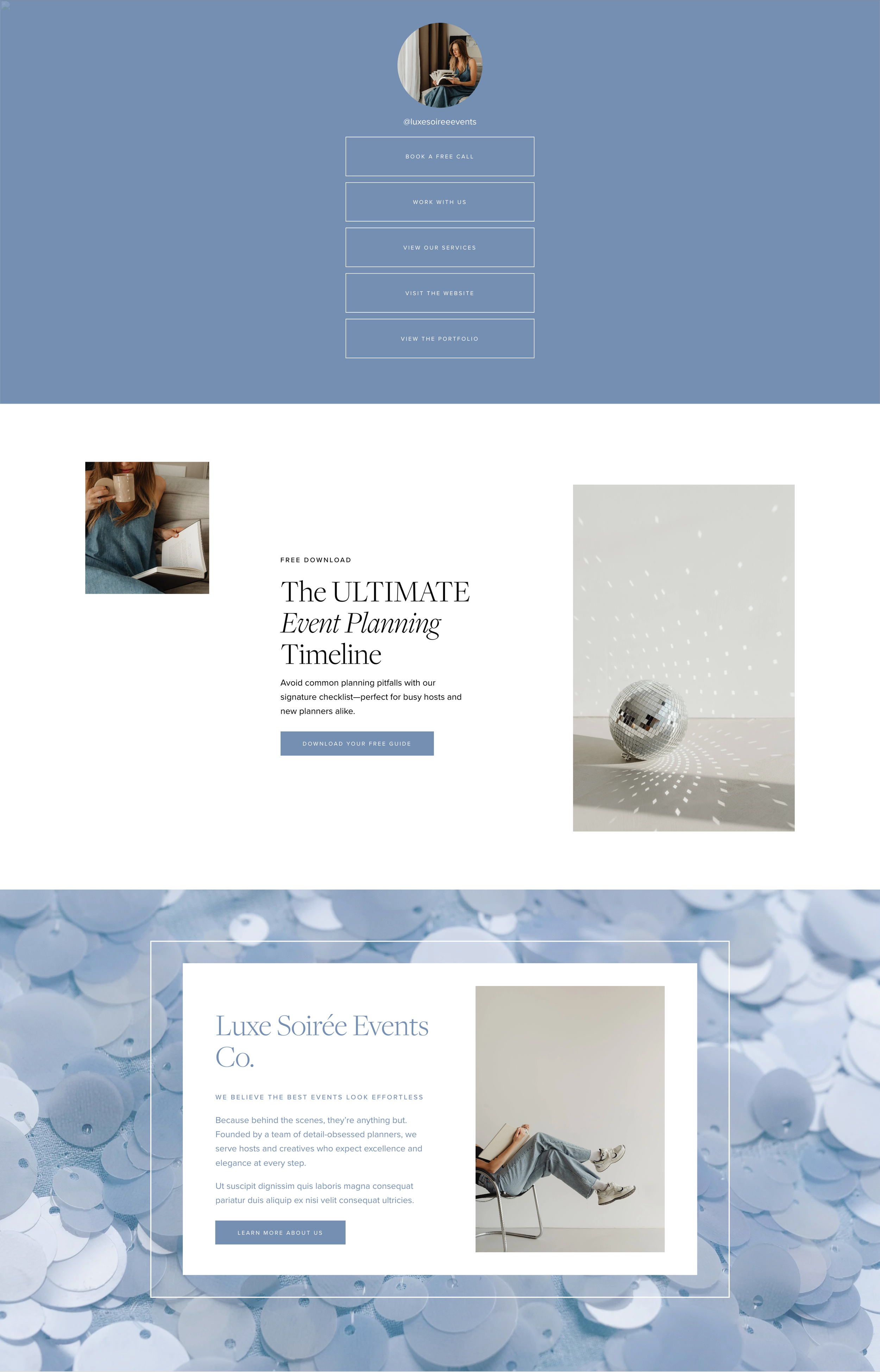 A website homepage for Luxe Soiree Events Co., featuring a blue-themed header with a woman reading, navigation buttons, promotional content about event planning guides, a disco ball projection, and a section about the company's event services with a woman relaxing with a book.