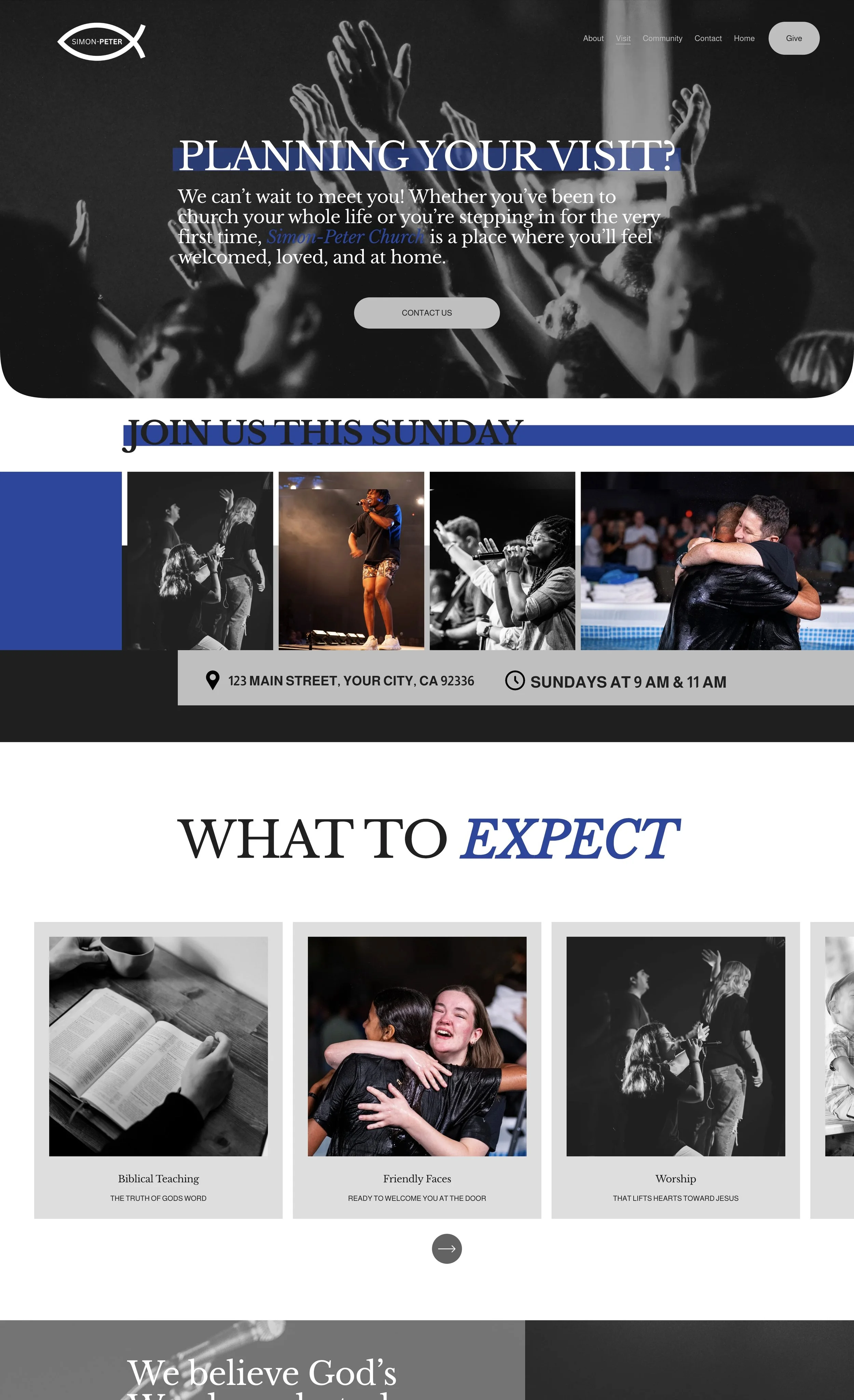 Website homepage for Simon-Peter Church featuring a header with raised hands, a main headline inviting planning a visit, and images of people engaging in church activities like worship, singing, praying, and being greeted.