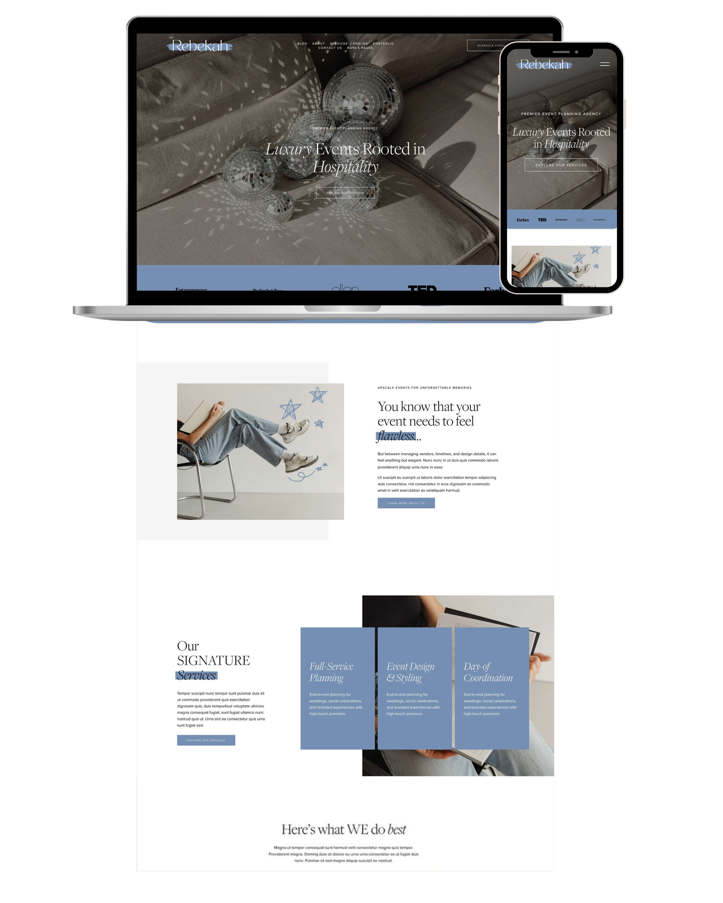 Rebekah Squarespace website template by Launched Studios designed fScreenshots of a website displayed on a laptop and a smartphone, featuring event planning services with images of disco balls, a person and text describing luxury event planning.