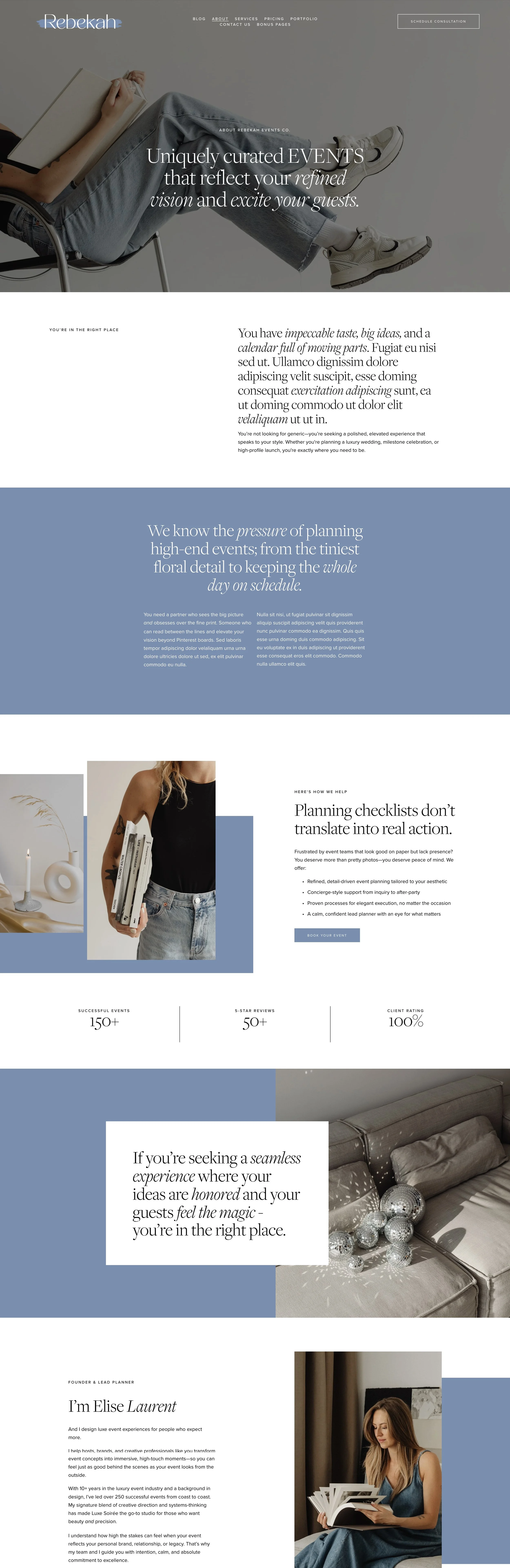 A webpage about event planning services featuring images of a person holding books, decorative objects on a table, and a woman reading a planner, with text highlighting event planning expertise.