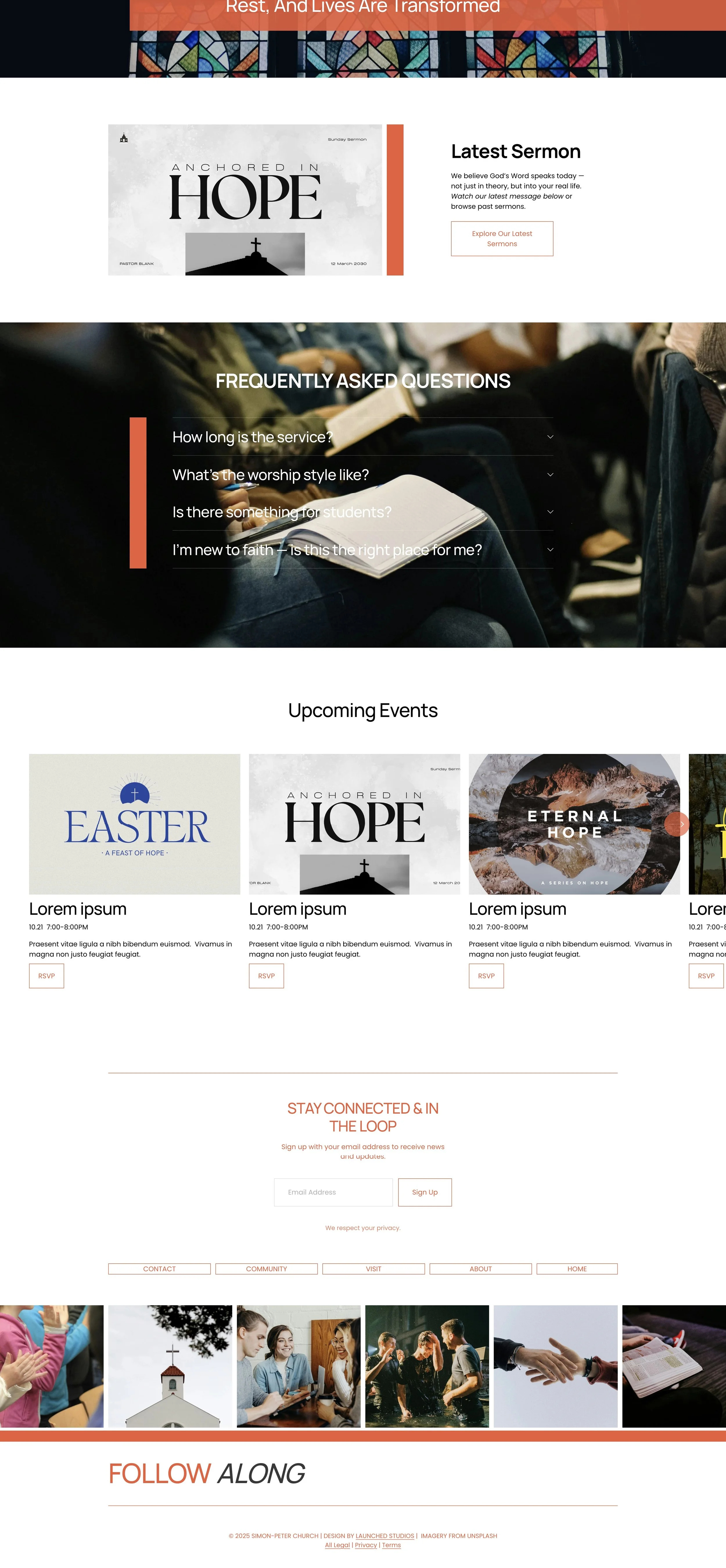 Church website homepage featuring latest sermon, FAQ section, upcoming events, and a sign-up for email updates, with images of church activities and a stained glass window at the top.