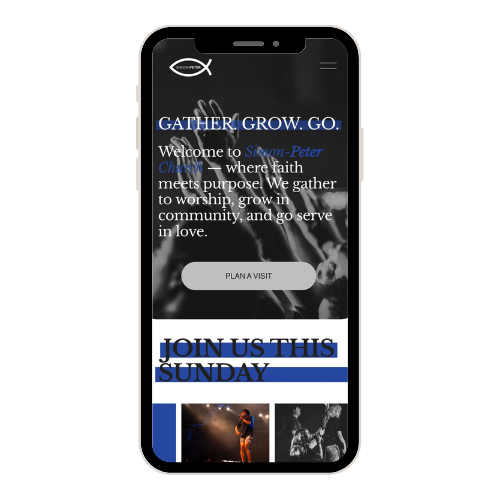Mobile phone screen displaying Simon-Peter Squarespace church website template featuring bold, modern design with worship imagery, service times, and community-focused sections—perfect for churches wanting a professional, faith-driven online presence