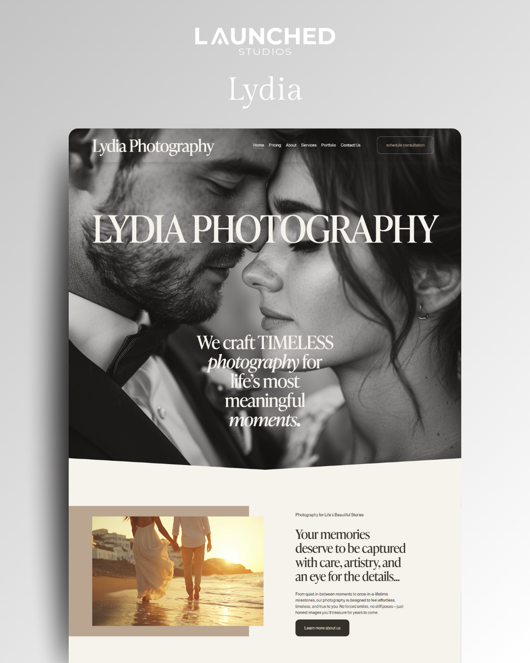 Website homepage for Lydia Photography, featuring a black-and-white portrait of a couple close up, with text about crafting timeless photography for meaningful moments.