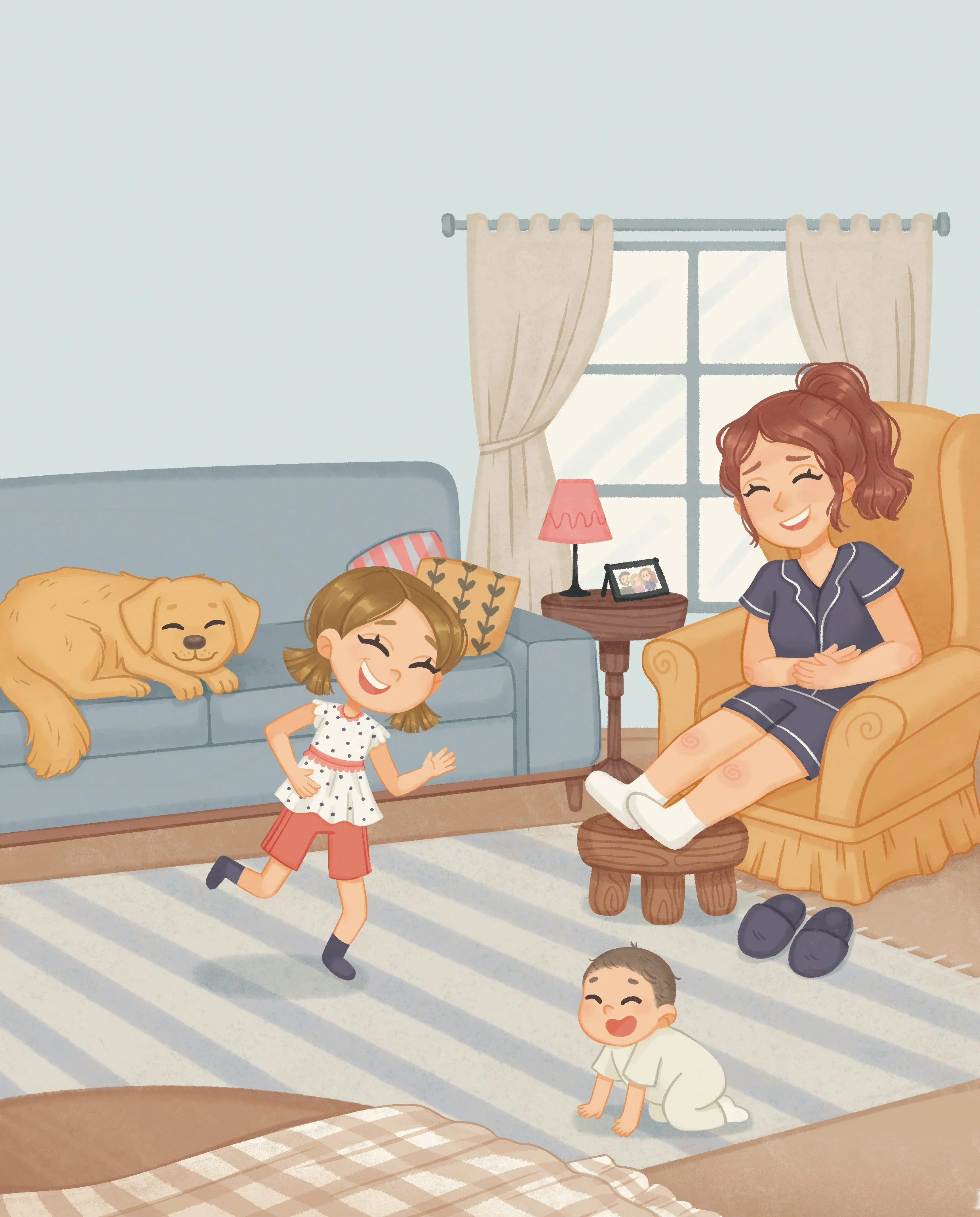 family illustration including mom, baby, toddler and dog at home