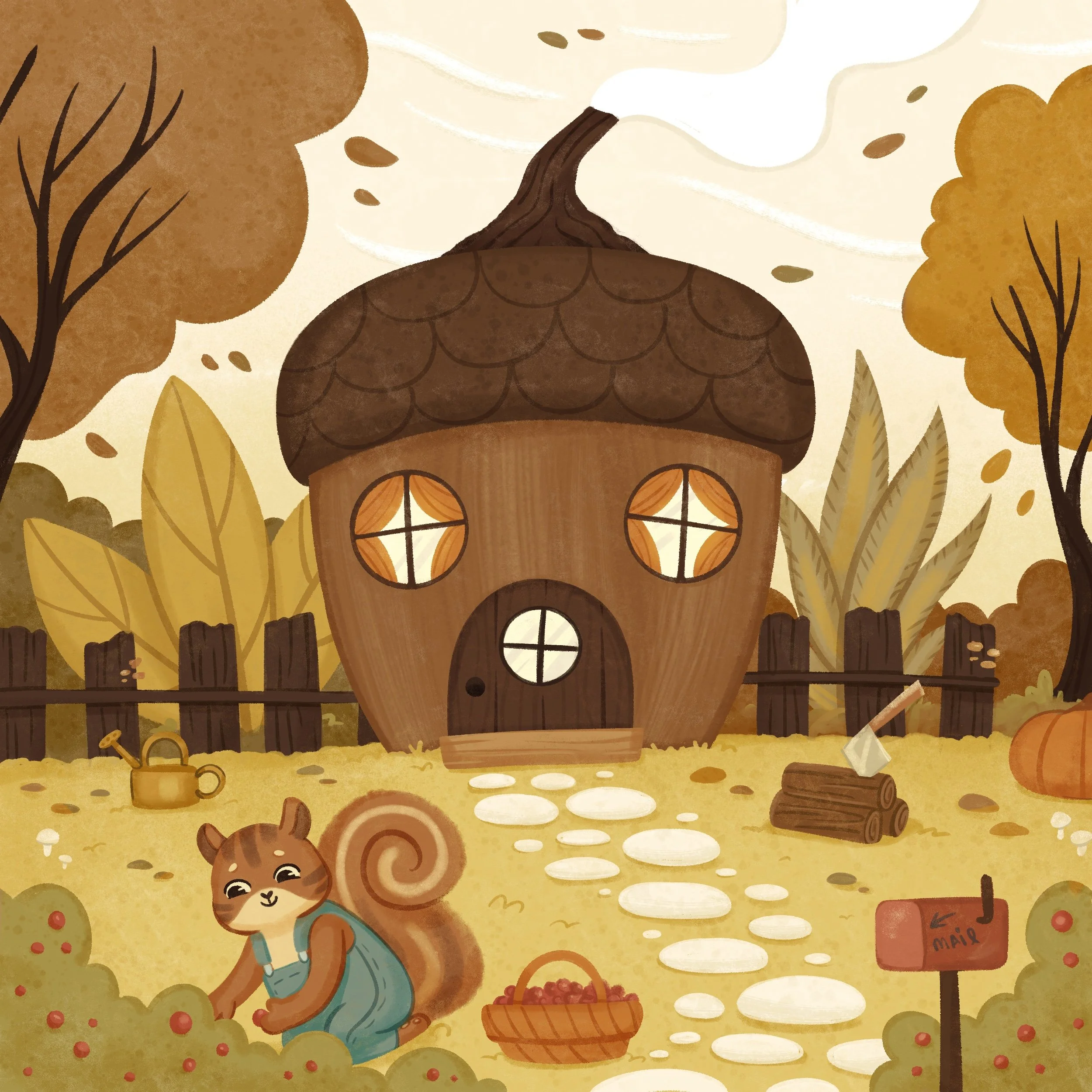 cozy children's illustration of a squirrel picking berries in his acorn house