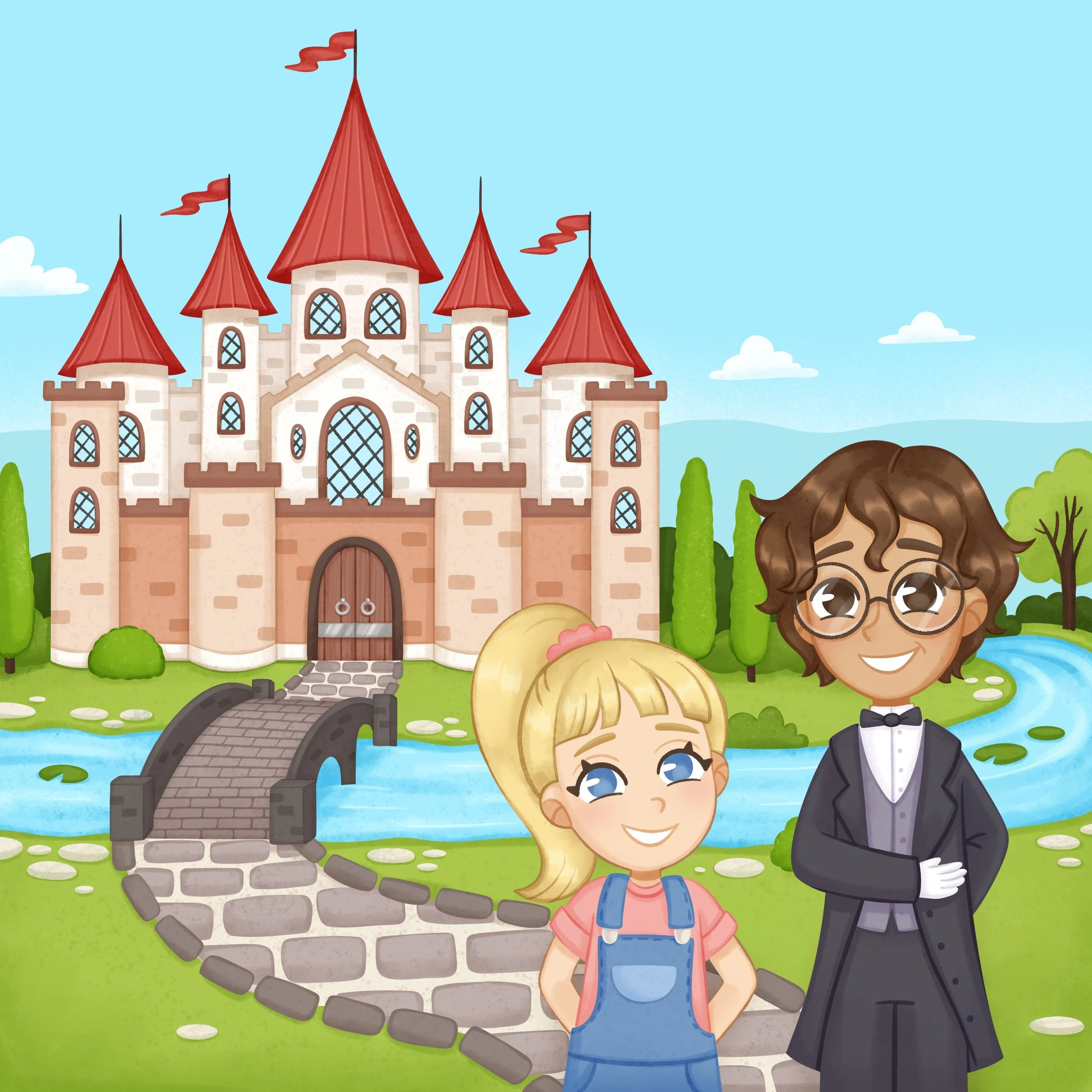 picture book characters standing in front of a castle
