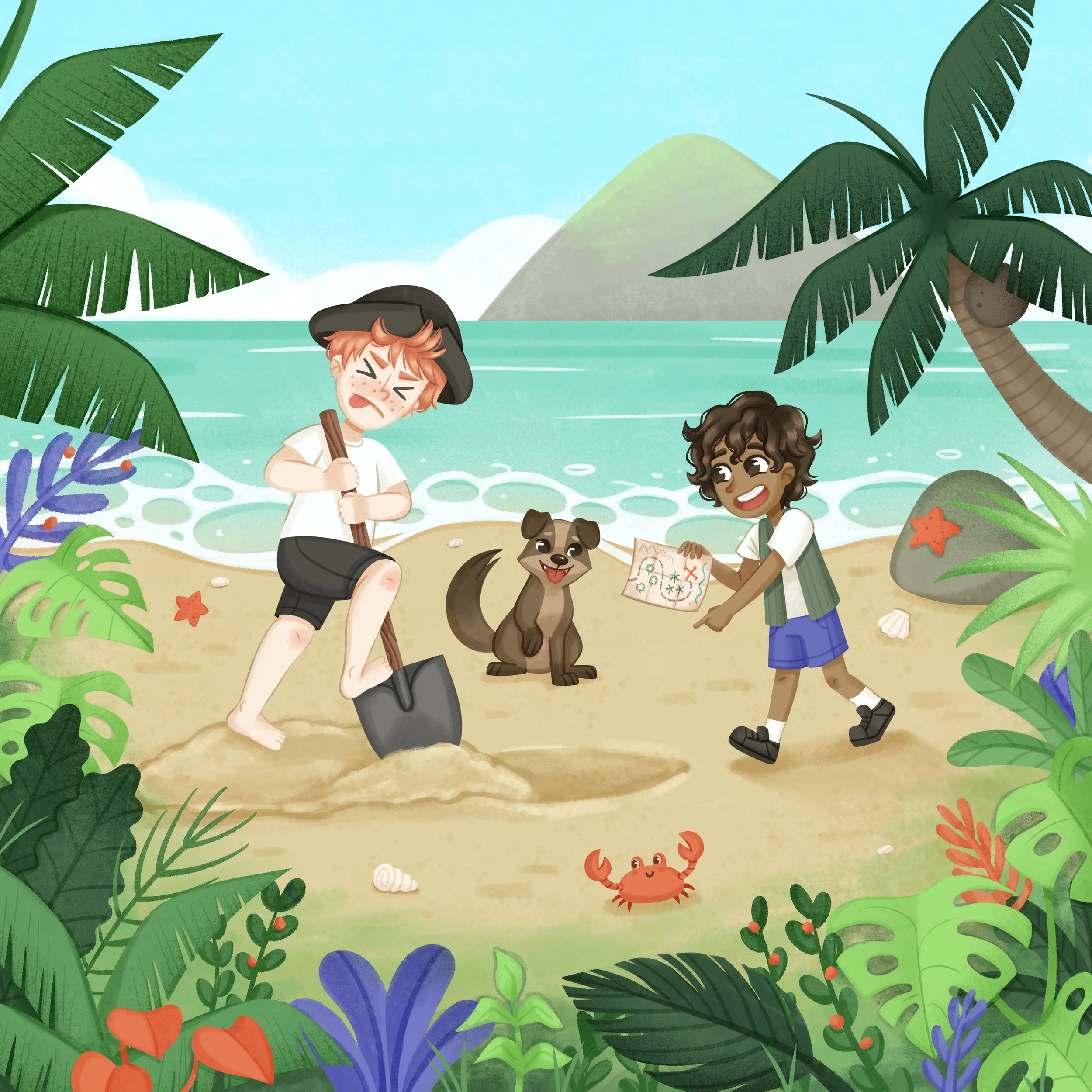 illustration of boys treasure hunt at tropical beach