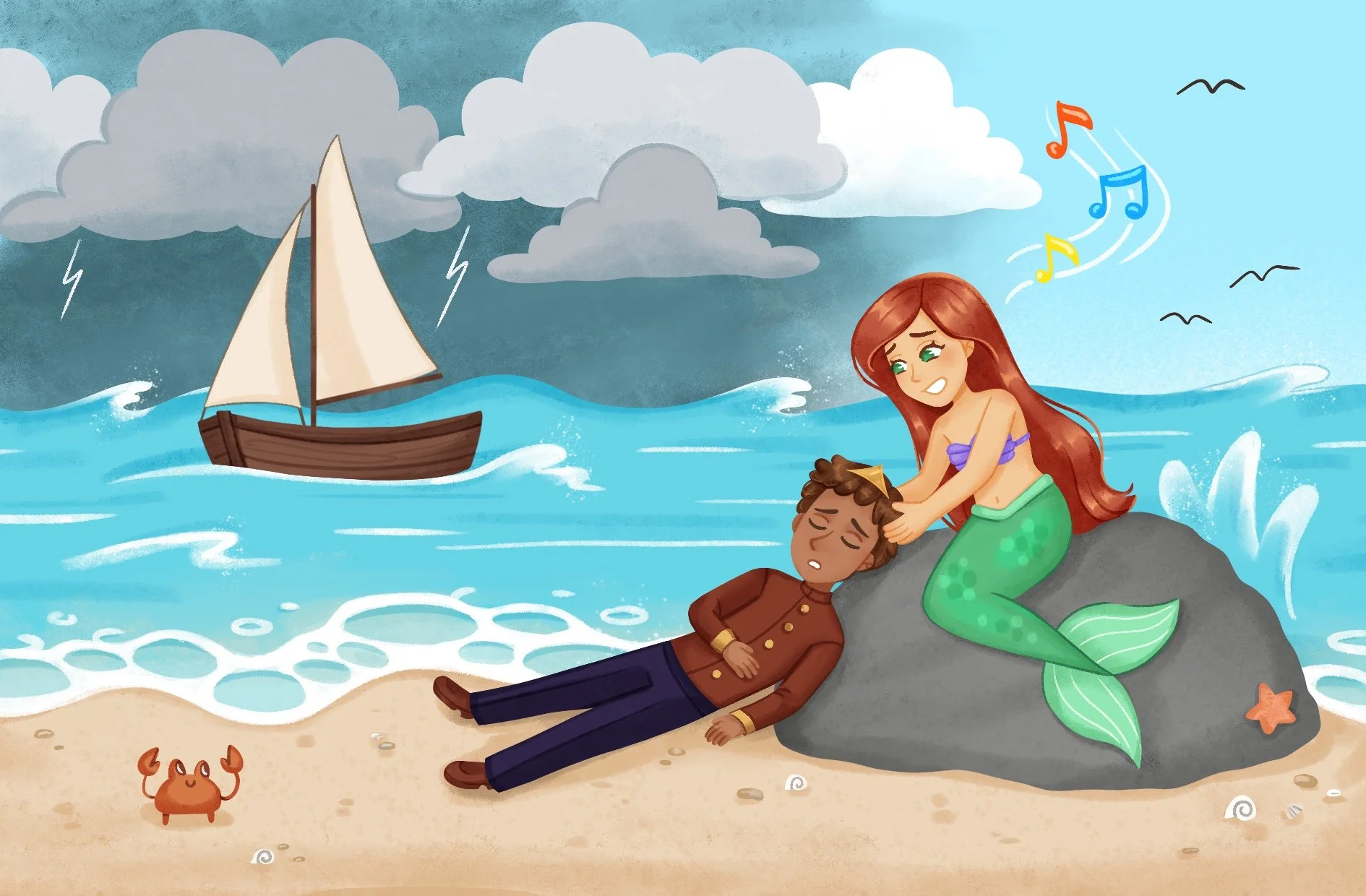 illustration of mermaid at the beach rescuing prince