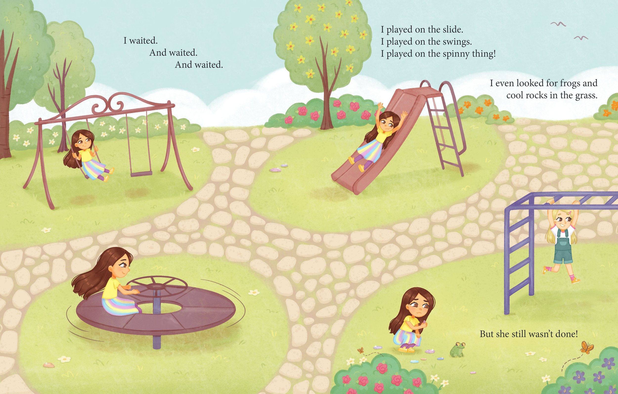 fun double-page spread illustration of kids playing in the park