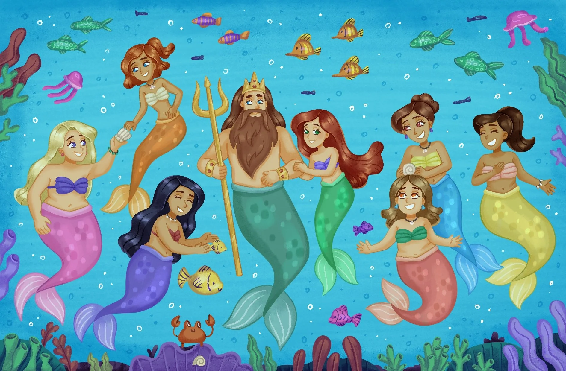 illustration of retelling mermaid fairytale family sea