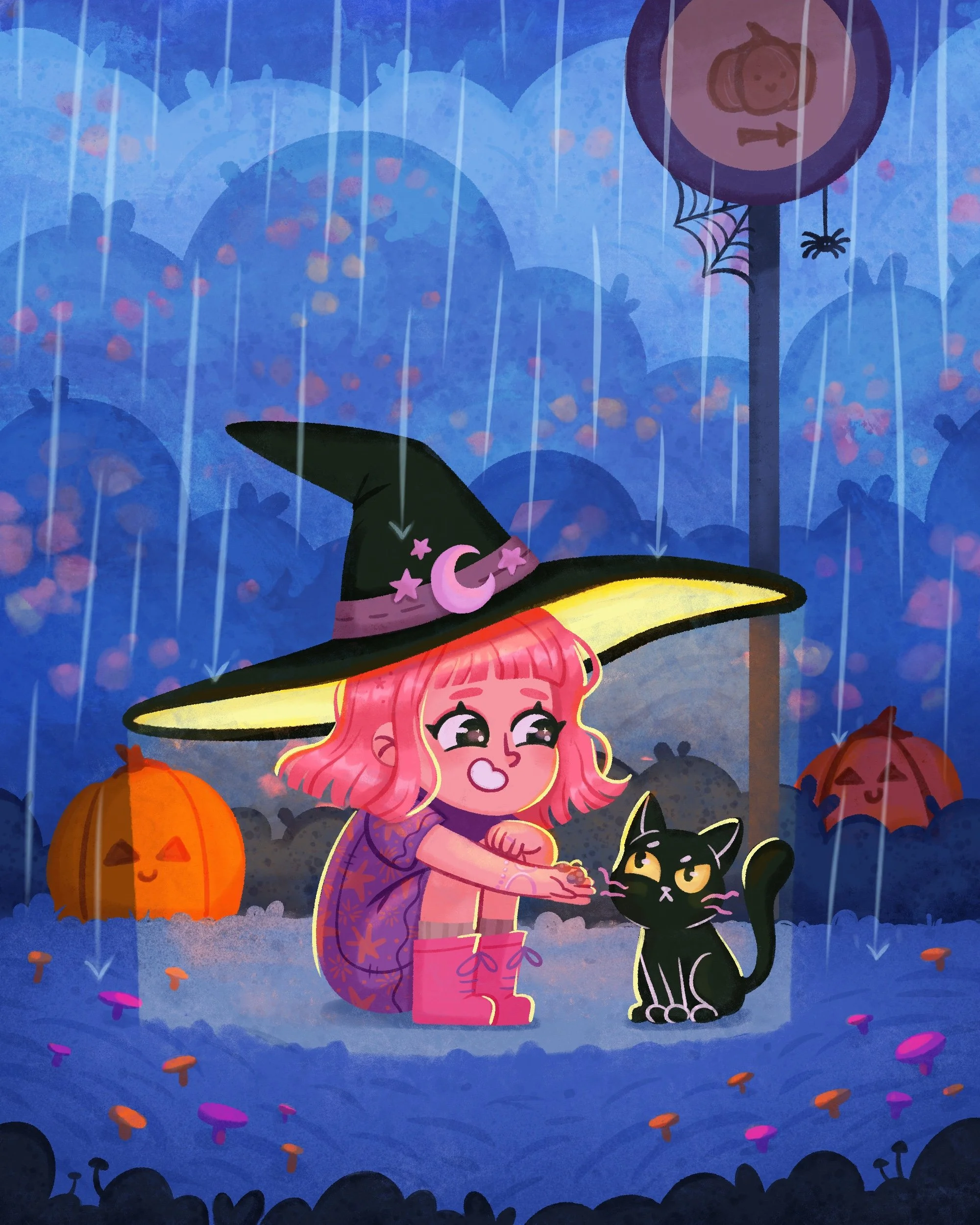 spooky illustration of a witch feeding a cat on rainy night