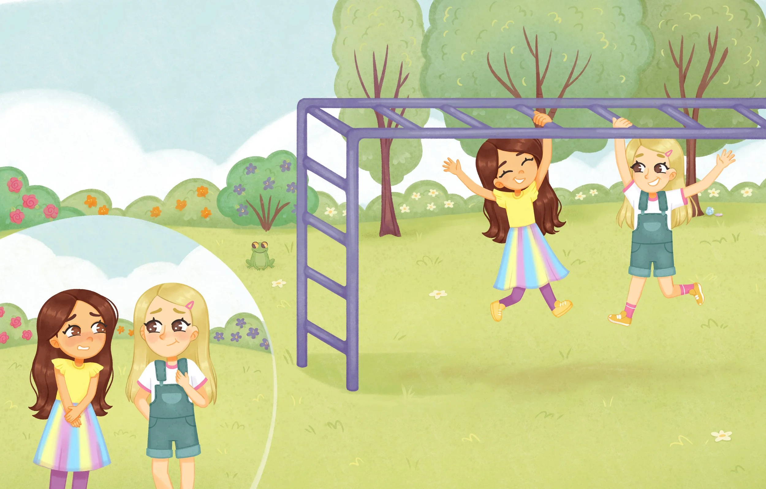 double-page with spot illustration of girls playing at park