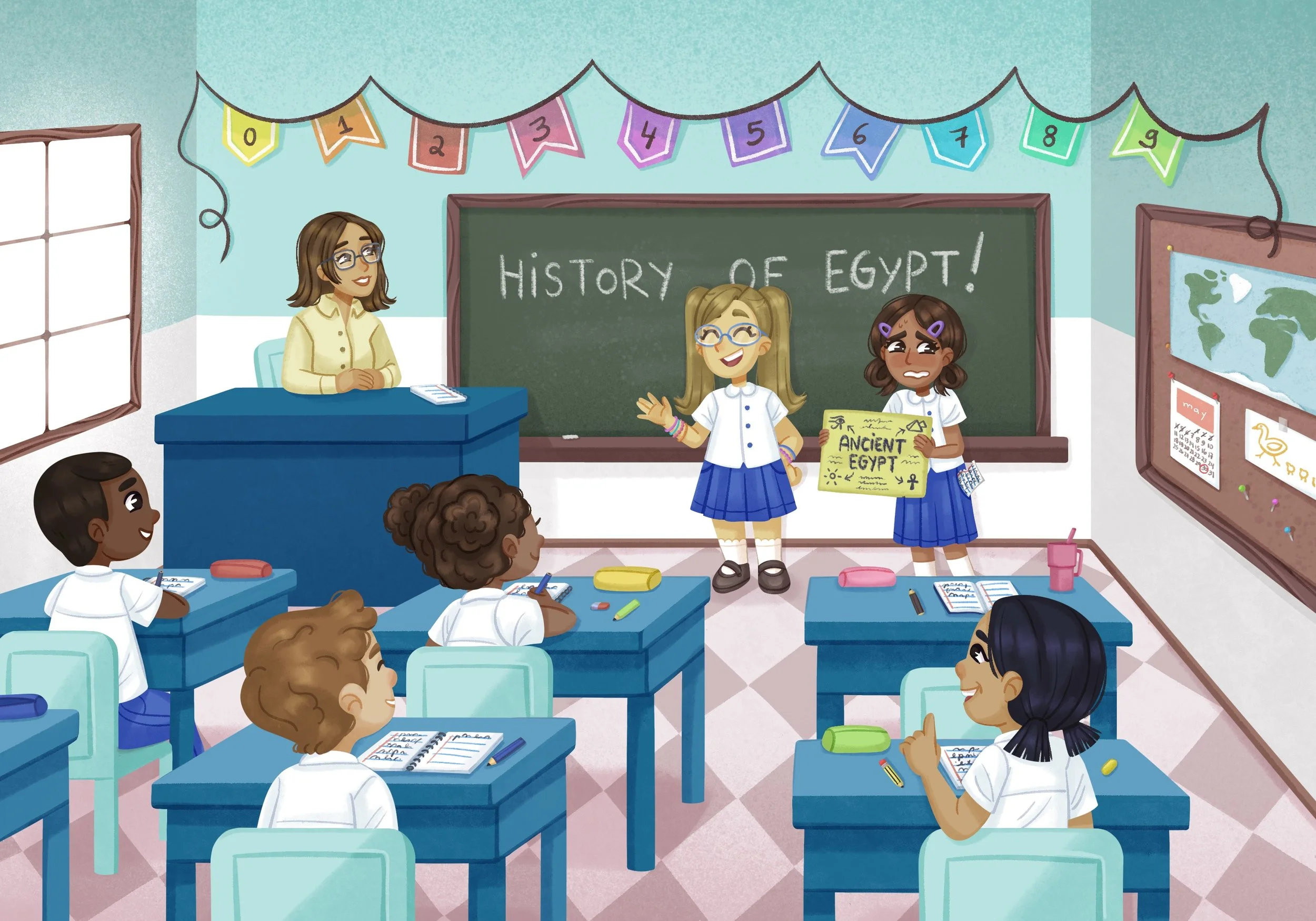 children's book illustration of children studying at school class