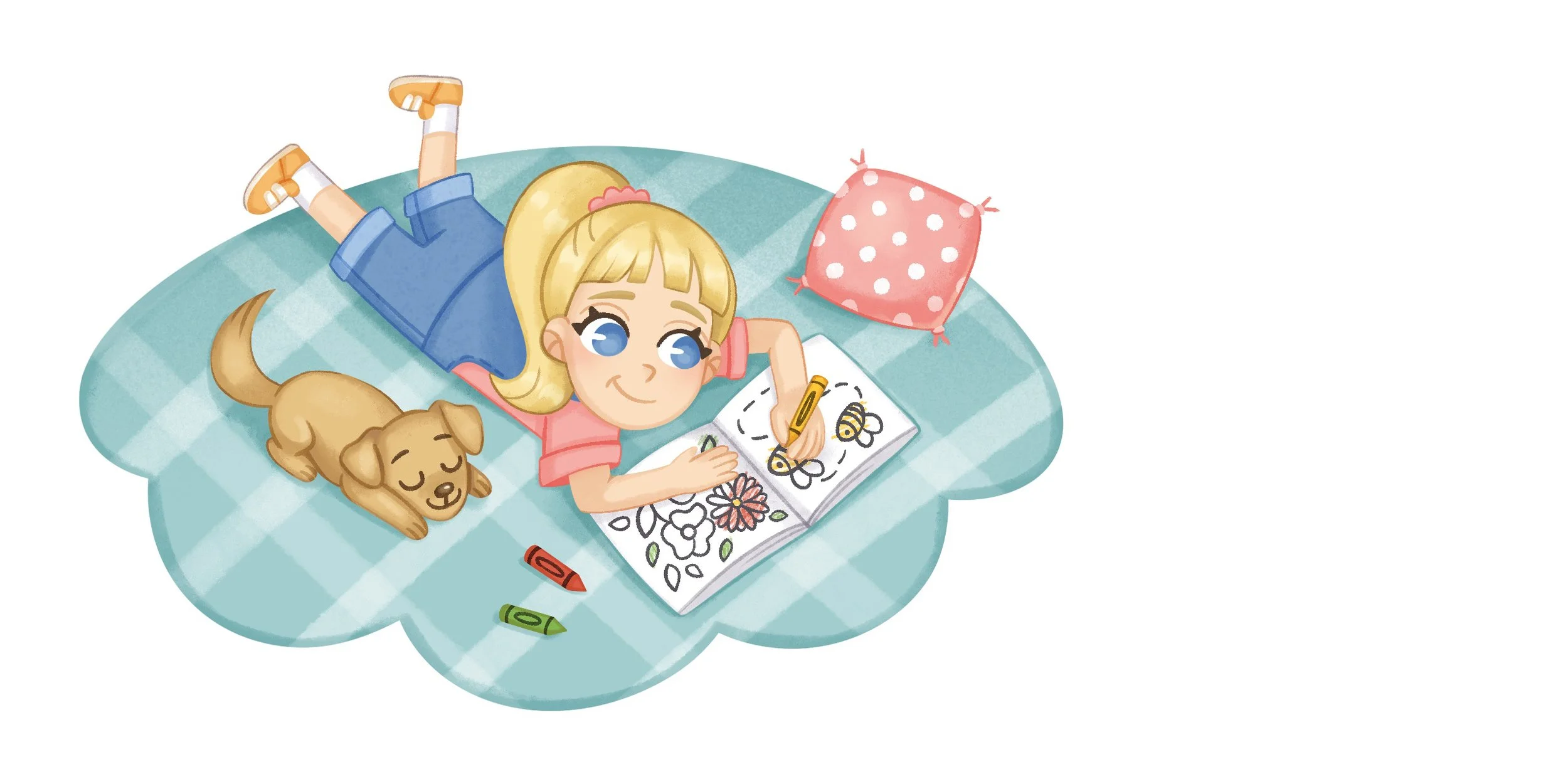 spot illustration girl coloring with her dog