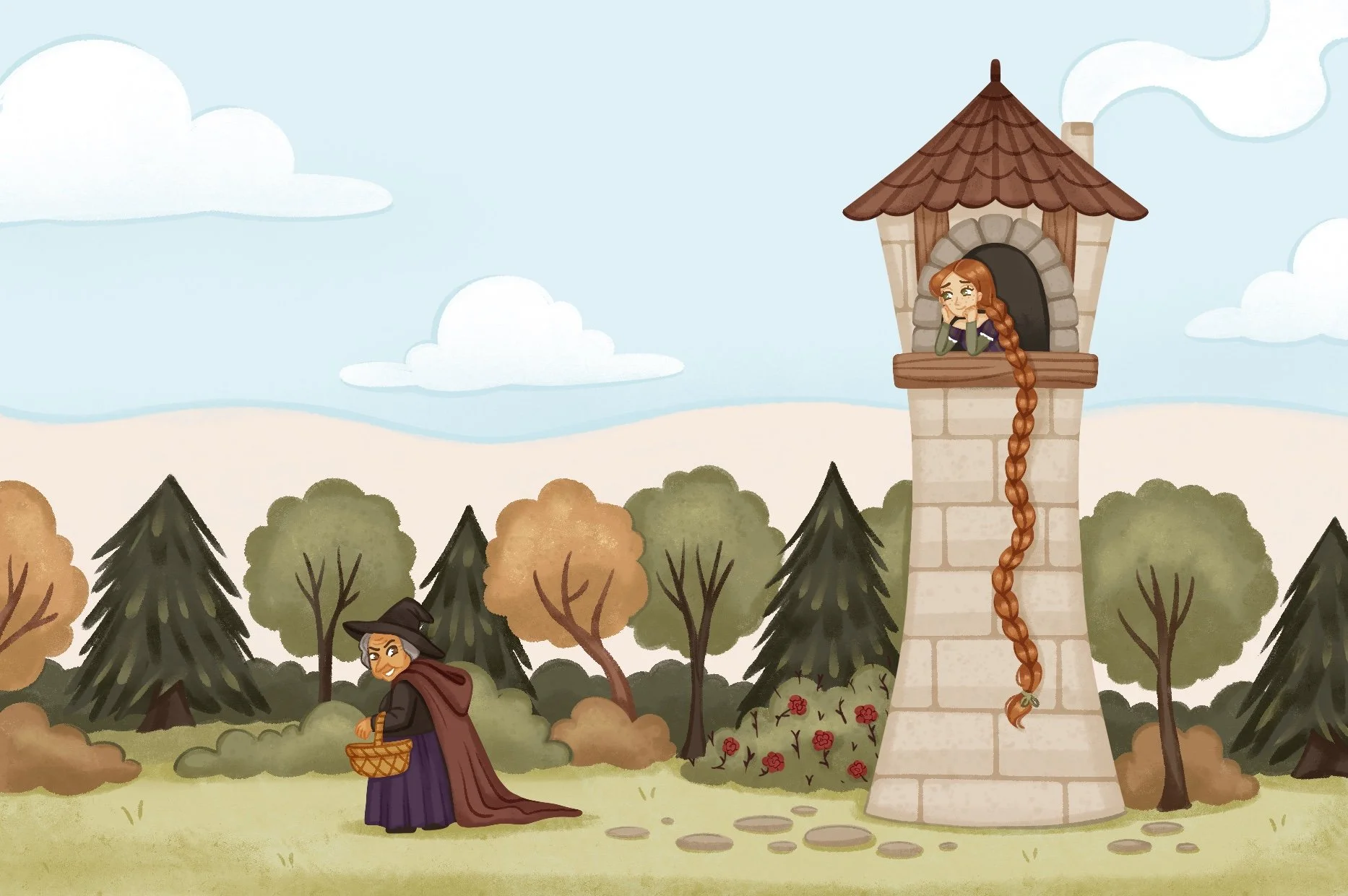 rapunzel illustration tower braid and witch