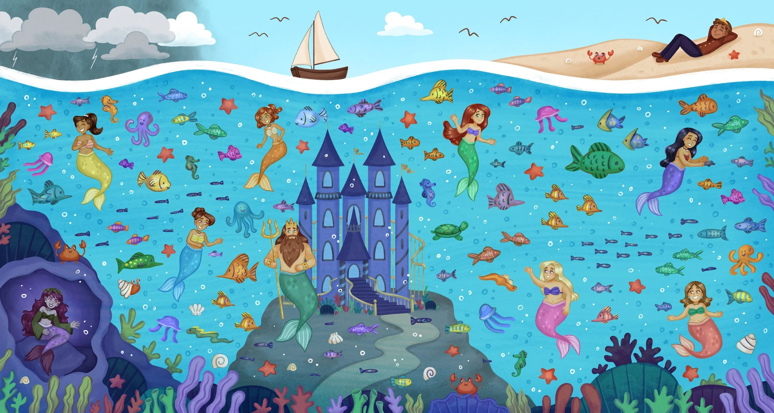 illustration full of details of beach, sea, castle, fish and mermaids for children