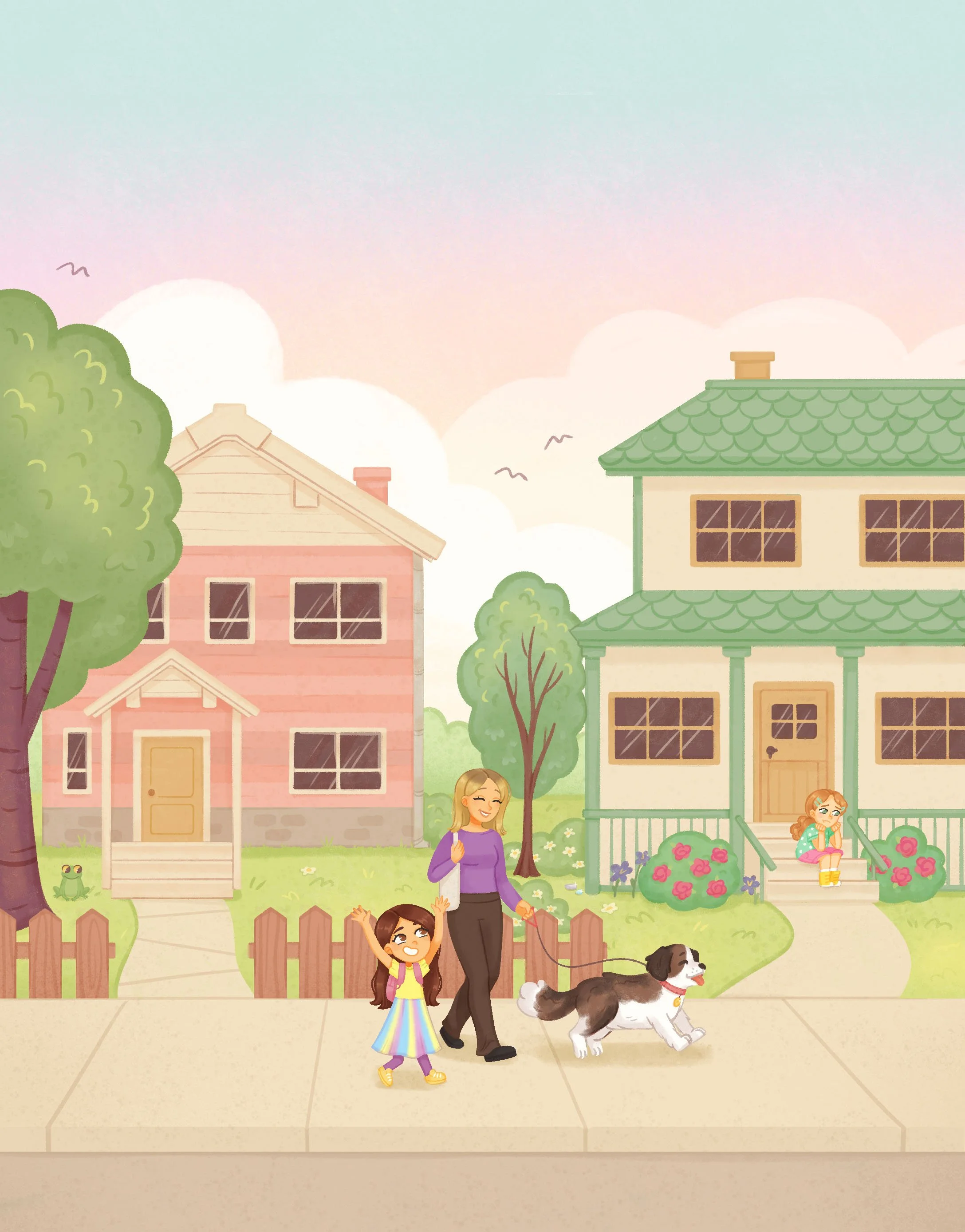 illustration of family walking dog in neighborhood street sunset